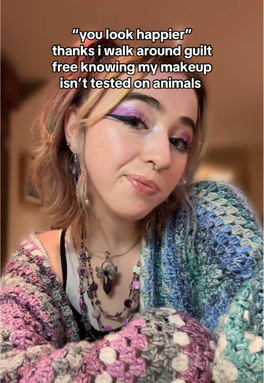 the best feeling💜🐰🐶🐭🌱 ✨concealer & foundation: @Makeup Revolution  ✨blush @W7Makeup  ✨purple eyeshadow pigment cream @Superdrug (own brand studio London) ✨highlighter jumbo stick @nyxcosmetics_uk  ✨mascara Revolution ✨eyeliner Mina ✨eyeliner detail @Kaleidos Makeup  #crueltyfreemakeup #crueltyfreebeauty #trend #foryou #makeup #veganmakeup #crueltyfree #stopanimaltesting #fyp 