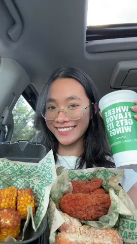 Wingstop: 5pc tenders combo hot honey rub and garlic parmesan with veggie sticks and cajun corn 🍗🥤 #wingstop #wingstopmukbang #mukbang #cleanmukbang  