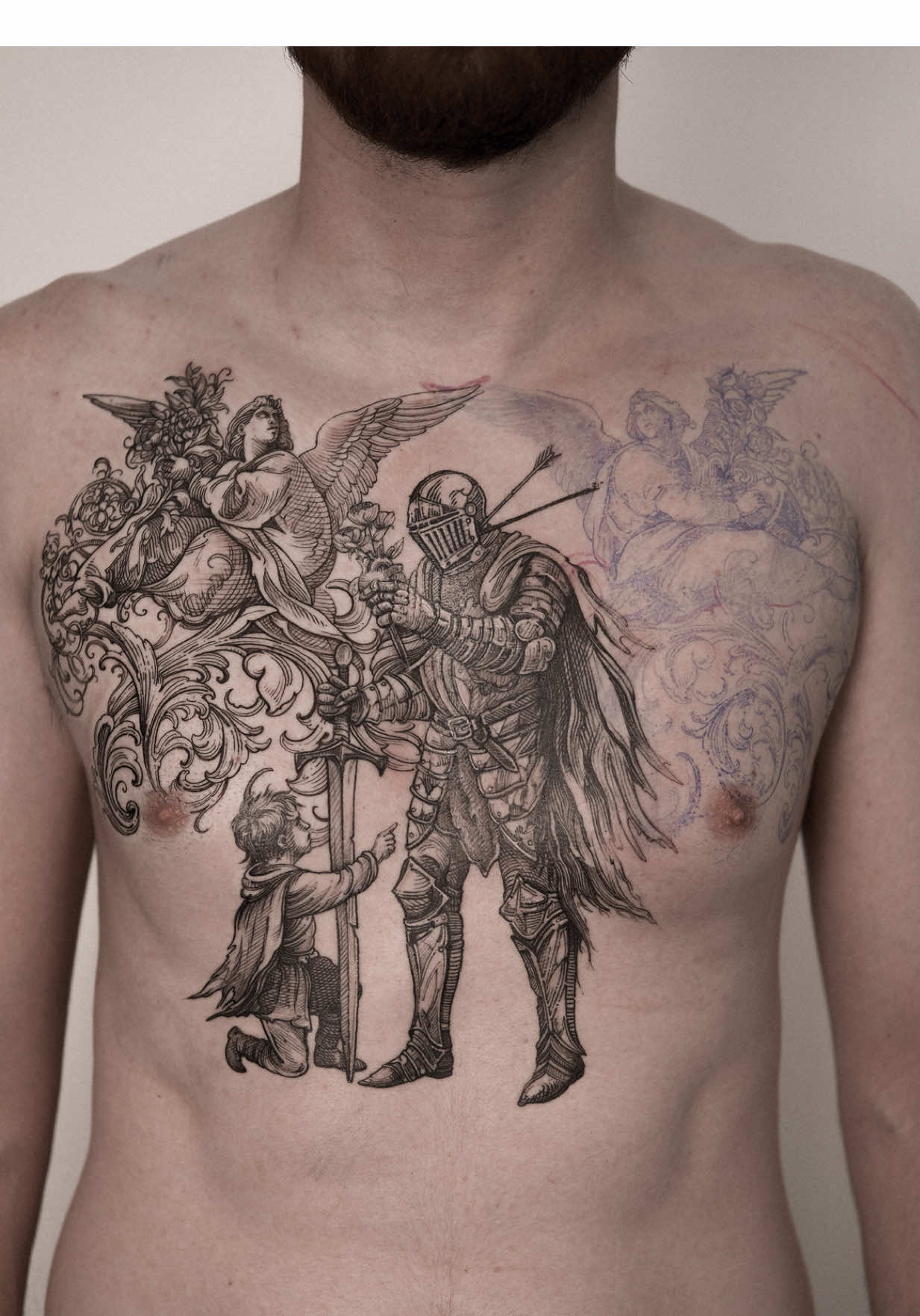 A very meaningful tattoo from a son to his late father — I’ll share the full story once we finish. #engravingtattoo #tattooartist #knighttattoo #tattooideas 