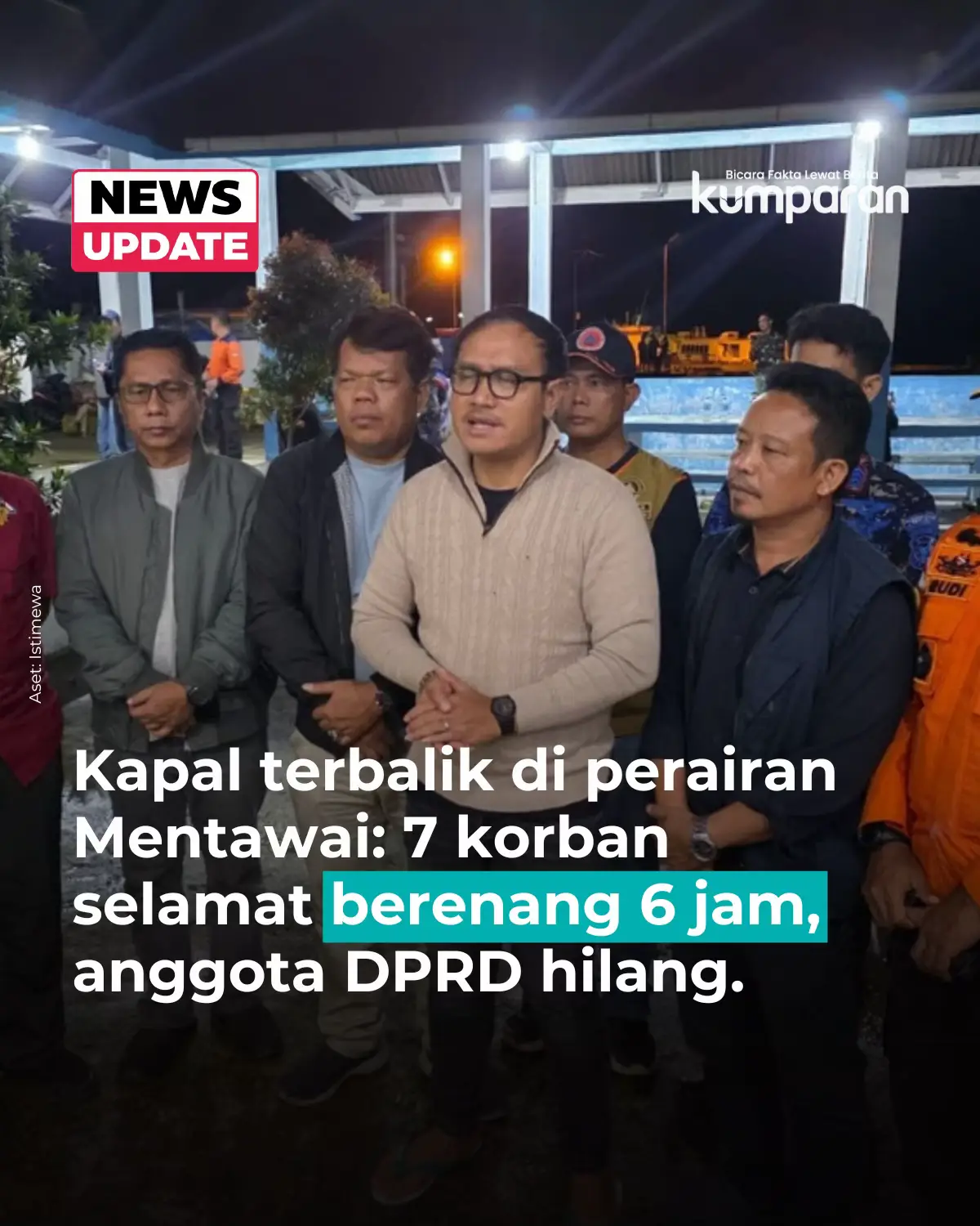 Sebanyak tujuh orang berhasil selamat dari insiden kapal terbalik di perairan antara Pulau Pagai Utara dan Pulau Sipora, Kabupaten Kepulauan Mentawai, setelah berenang selama lebih dari enam jam menuju daratan.  Bupati Mentawai, Rinto Wardana Samaloisa, menyebut para korban berenang dalam kondisi cuaca gelap dan saat daratan sudah tak terlihat. Mereka akhirnya tiba di Dusun Mapinang, Pulau Siberut, berbekal petunjuk arah dari kompas yang dibawa dua operator kapal. Insiden yang terjadi pada Senin (14/7) sekitar pukul 11.00 WIB ini melibatkan 18 orang penumpang, sebagian besar merupakan PNS di lingkungan Pemerintah Kabupaten Kepulauan Mentawai.  Hingga malam hari, 11 orang masih dinyatakan hilang, termasuk anggota DPRD Kepulauan Mentawai dari fraksi NasDem, Isar Taileleu, bersama dua anaknya. Tim SAR bersama BPBD setempat telah mengerahkan sejumlah kapal untuk melanjutkan proses pencarian pada hari berikutnya.  📸: Dok. Istimewa. Follow WhatsApp Channel kumparan untuk dapat Informasi terpercaya dikirim langsung ke WhatsApp kamu. Ketik kum.pr/WAchannel di browser kamu sekarang, agar bisa share informasi tanpa ragu. #newsupdate #update #news #oneliner #kapaltenggelam #kapal #perairanmentawai #kepulauanmentawai #insidenkapal #info #beritaterkini #berita #infoterkini #bicarafaktalewatberita #kumparan