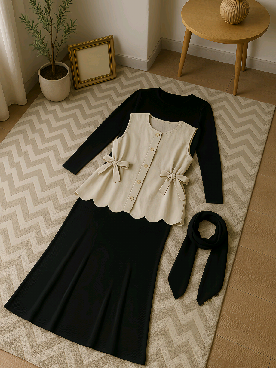 rekomendasi one set 3in1 cantik, vest + inner dress + jilbab  😍✨ #onesetwanita #outfitwanita #outfitwanitakekinian 