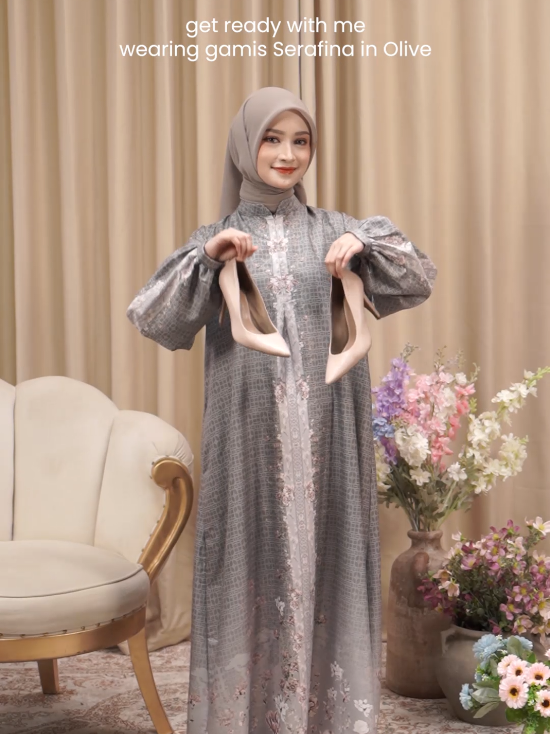 GRWM in one of my favorite picks — Serafina Olive🤍 Gamis Serafina Olive always gives that soft & classy vibe💫 #gamiscantik #gamiskekinian #modestfashion #fashiontiktok #tazbiya 