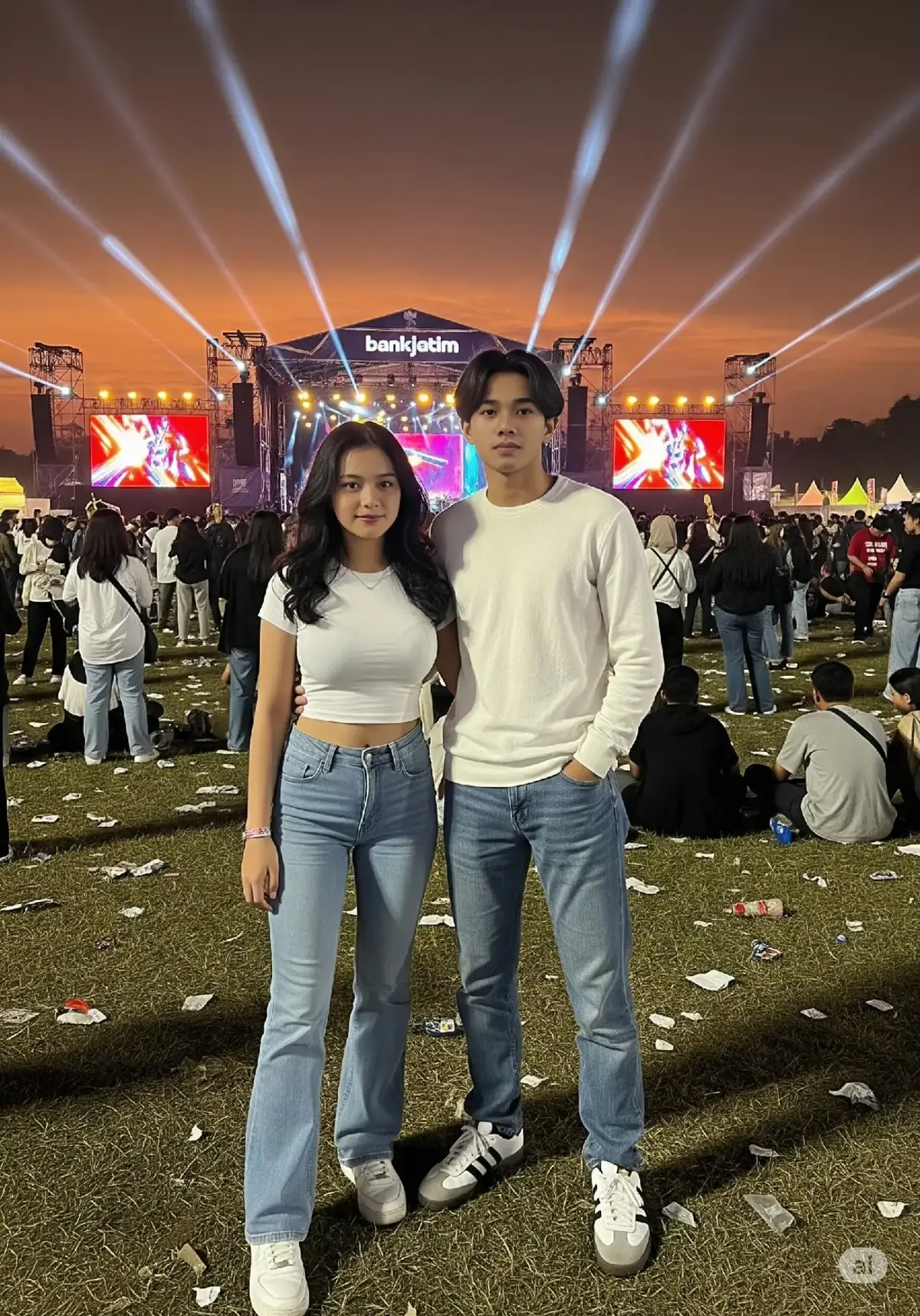 Sebuah foto close-up menangkap dua remaja Indonesia yang diambil menggunakan kamera Iphone terbaru dengan kualitas resolusi tinggi, tanpa efek bokeh atau blur dan terlihat detail dan realistis.  sedang berpose di tengah suasana ramai sebuah festival musik outdoor yang ada di daerah Indonesia. Ini adalah sore yang cerah, dengan langit berwarna jingga yang indah dihiasi awan tipis, menambah kesan meriah pada acara tersebut. Di sisi kiri gambar, seorang remaja perempuan asal indonesia ber-umur 17 tahun, dengan bentuk wajah oval dan rahang tegas, wajah yang cantik dan tubuh nya langsing,rambut hitam panjang yang bergelombang, dipadukan dengan kaus putih polos ketat yang nyaman, serta celana jeans model lonceng menjuntai ke bawah, ia memakai sepatu sneakers putih.  Remaja laki-laki tampan asal indonesia asli suku sunda Berumur 19 tahun di sisi kanan,Memiliki bentuk wajah oval,tatapan mata yang tajam dan garis rahang sedikit tegas.  memiliki rambut hitam agak panjang bergaya mullet dan bagian poni nya pas di atas mata. Ia memakai sweater putih yang pas di tubuh dan Celana jeans yang longgar menjuntai ke bawah dan sepatu adidas berwarna putih. Ekspresi mereka datar dan percaya diri tidak terlalu bergaya dan menghadap kanan frame kamera.  Di latar belakang, terlihat kerumunan besar penonton festival yang sedang menikmati acara.tambahkan detail beberapa sampah kecil yang berserakan,beberapa dari mereka terlihat duduk santai di atas rumput. Di kejauhan, tampak panggung musik yang megah dengan layar LED besar yang menampilkan visual berwarna-warni yang dinamis. Di atas panggung, terbentang spanduk besar bertuliskan 