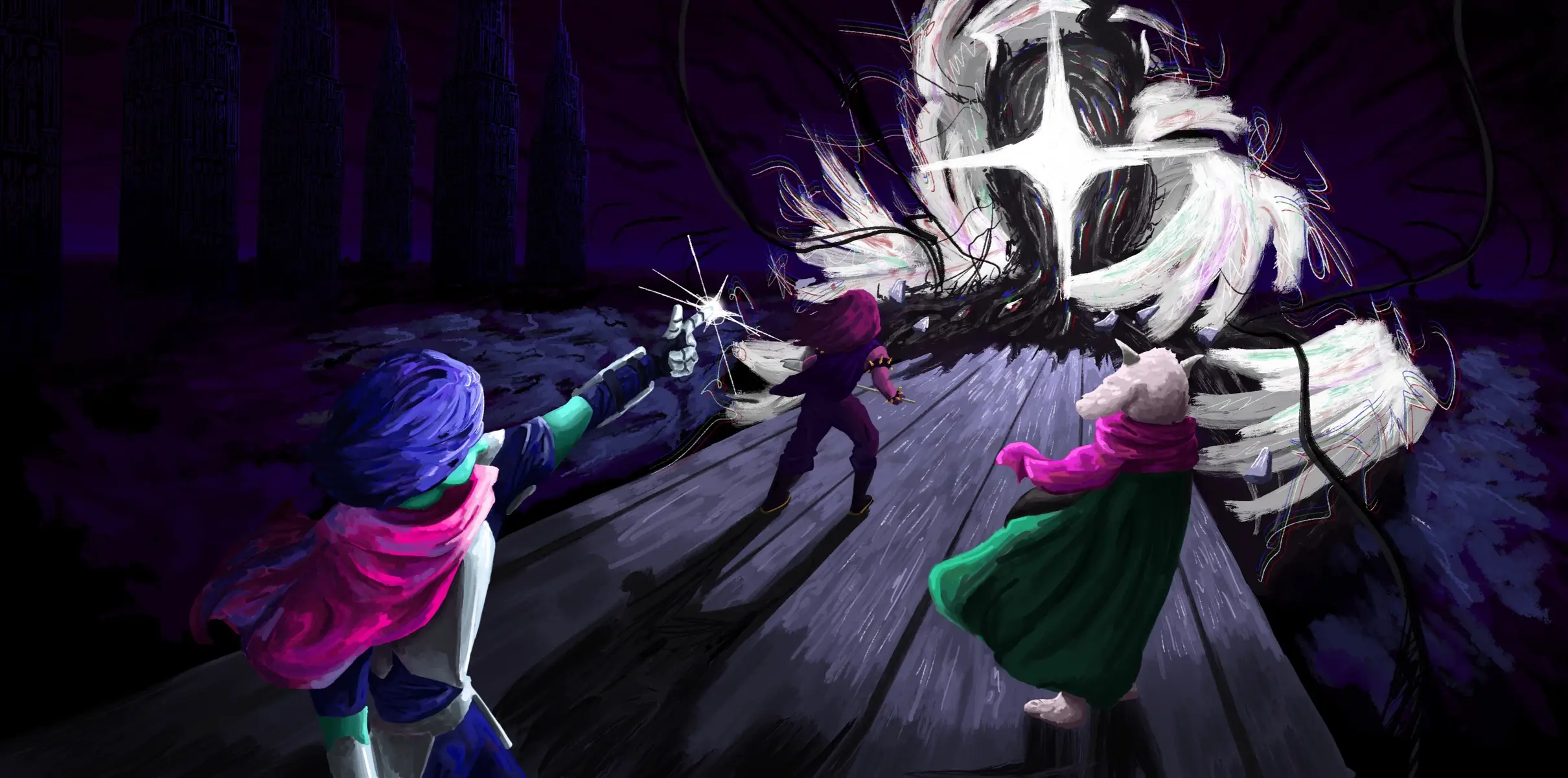 The fight but with some close ups, no line art, painting and perspective is getting better, we gon make it. Can you tell what I did with the titan  #deltarune #deltaruneart #rouxlskaard #gojosatoru #deltarunechapter4 