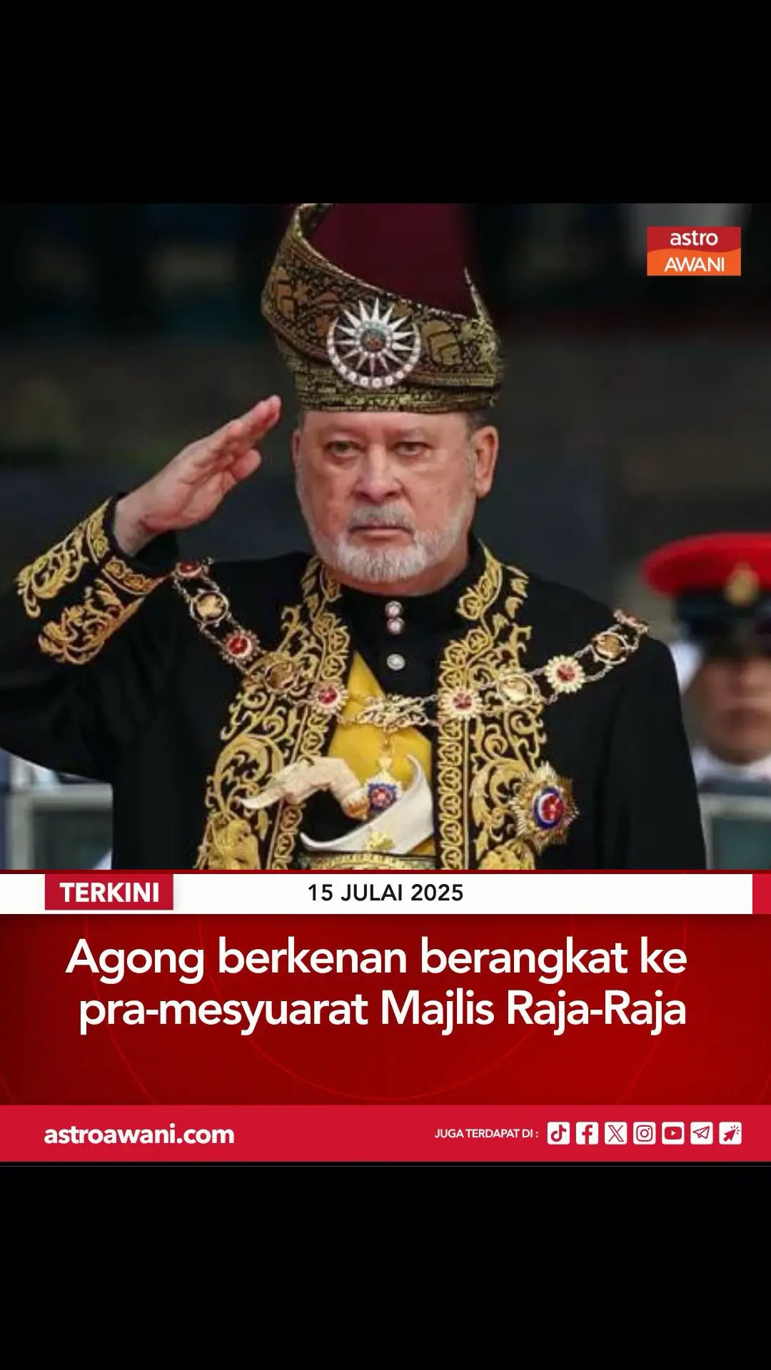Yang di-Pertuan Agong Sultan Ibrahim berkenan berangkat ke Pra-Mesyuarat Majlis Raja-Raja (MRR) ke-269 di Istana Negara, pada Selasa. Menurut perkongsian rasmi yang dimuat naik di laman media sosial Seri Paduka Baginda, MRR ke-269 akan dipengerusikan oleh Sultan Selangor Sultan Sharafuddin Idris Shah Al-Haj Ibni Almarhum Sultan Salahuddin Abdul Aziz Shah Al-Haj. Ikuti berita terkini di https://grid.astroawani.com/ #AWANInews