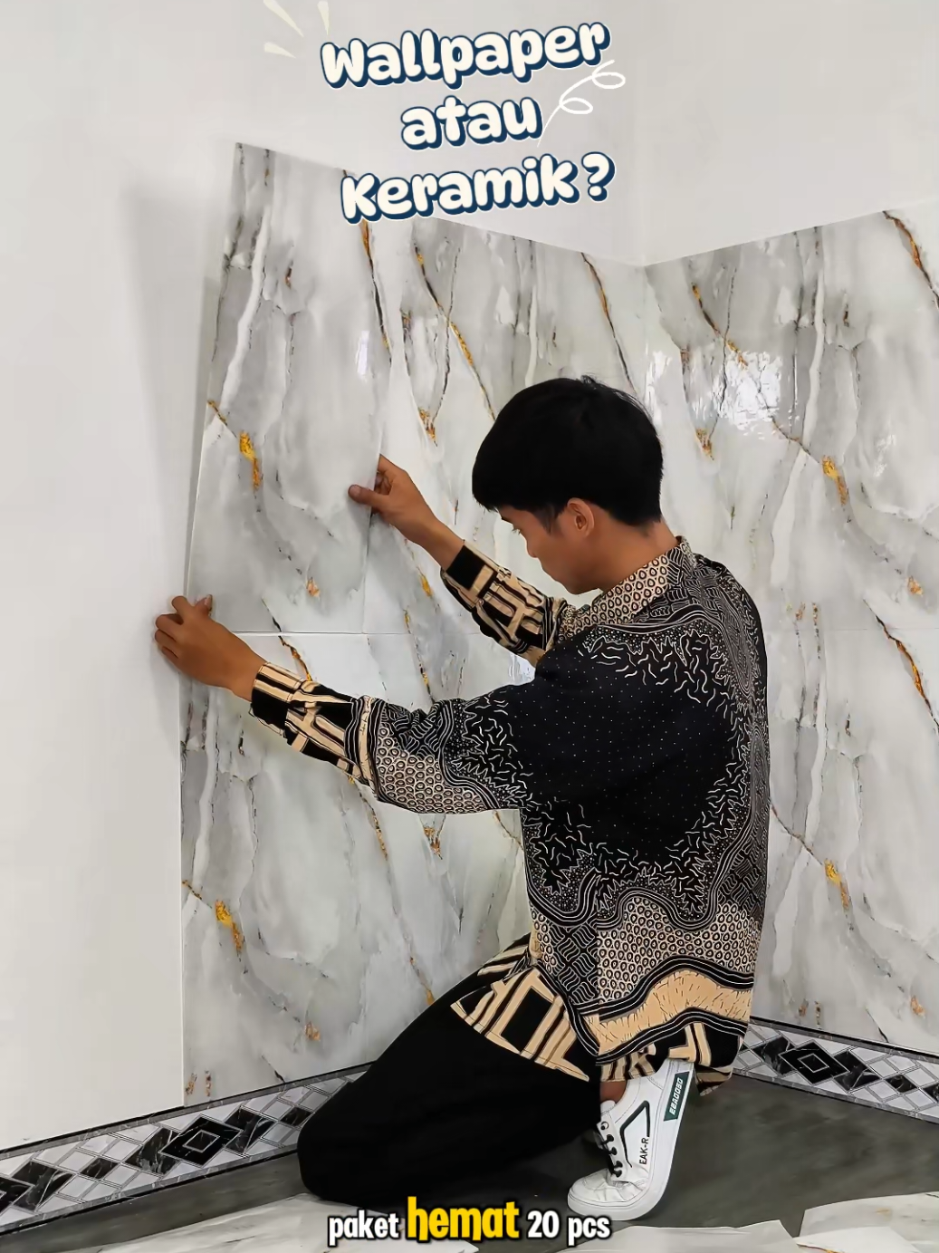 Pulang kondangan di suruh pasang keramik 😭 Wallpaper vinyl marbel 30x60cm Paket Hemat 20 PCS  #wallpaper #wallpaperkeramik #wallpapermarmer #wallpaperpaket20lembar #wawangypsum 
