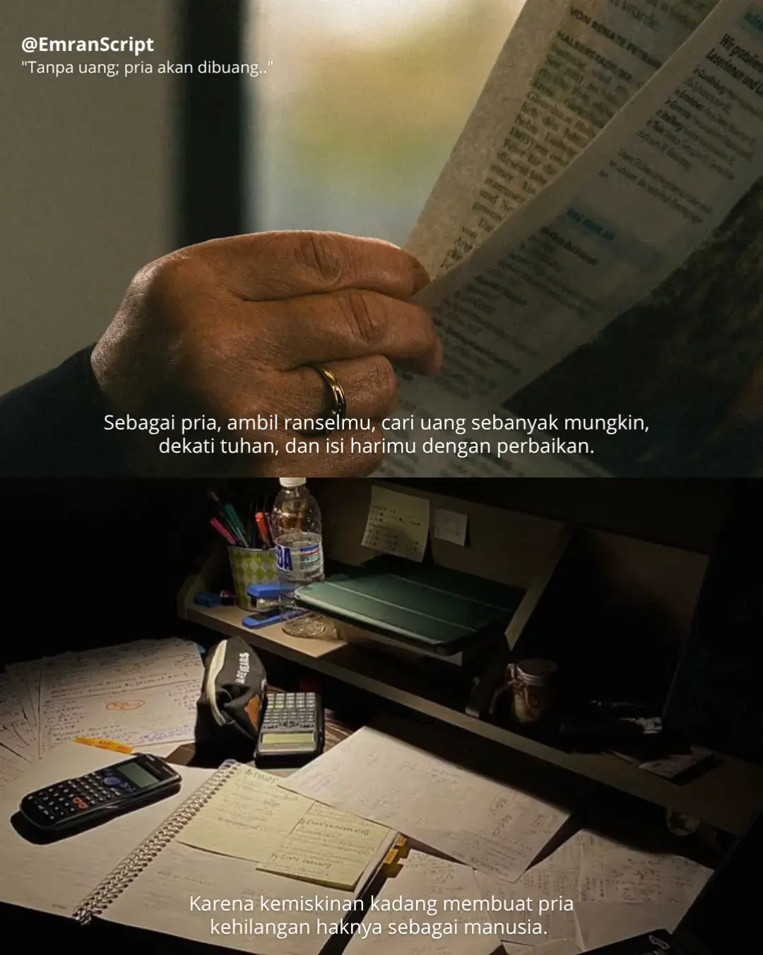 Sebagai pria, ambil ranselmu, cari uang sebanyak mungkin, dekati tuhan, dan isi harimu dengan perbaikan.  #narasi #emranbite #kutipannasehat #quotestory #quotesofthedays #katakata #katakatabijak #sorotan #tamparankata #SelfCare #sorotan #berandatiktok #pria #uang 
