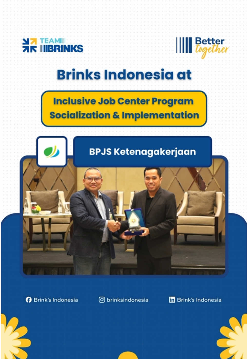 💼✨ Semangat Inklusif di Dunia Kerja Brinks Indonesia turut berpartisipasi dalam kegiatan Sosialisasi Inclusive Job Center yang diselenggarakan oleh BPJS Ketenagakerjaan. Bapak Yustianto, HR Director Brinks Indonesia, hadir sebagai narasumber dalam sesi berbagi pengalaman mengenai peran perusahaan dalam menciptakan lingkungan kerja yang inklusif bagi penyandang disabilitas. Kegiatan ini menjadi momentum penting untuk saling menginspirasi, memperkuat kolaborasi, dan menumbuhkan semangat perusahaan-perusahaan lain dalam memberikan kesempatan kerja yang setara bagi semua. Website: www.brinks-idn.com Instagram: brinksindonesia Facebook: Brink’s Indonesia LinkedIn: Brink’s Indonesia Youtube: Brink’s Indonesia #bettertogether #teambrinks #cashdepositmachine #cashdeposit #secure #cashmanagement #moneysolutions #brinks #brinksindonesia #ATMSystem #moneysecure #indonesia #futuretechnology