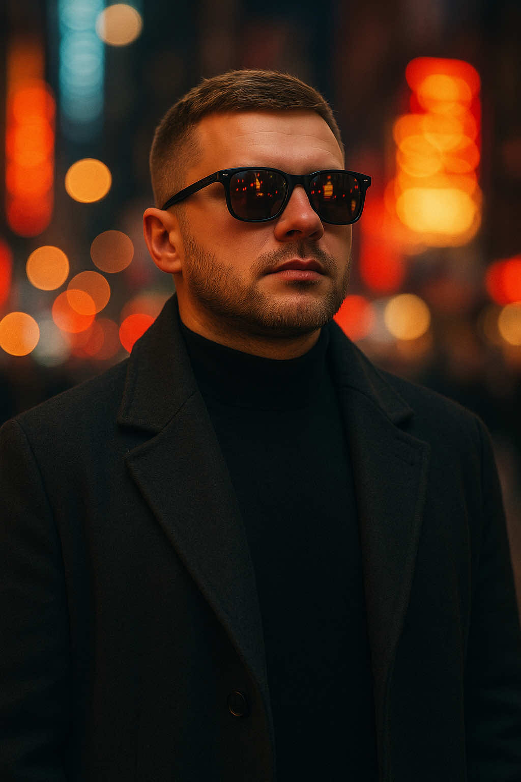 Street portrait photo idea made with ChatGPT.  The prompt: A hyper-realistic, cinematic 9:16 portrait of a man standing on a bustling city street at twilight. He’s wearing dark sunglasses with warm-toned reflections of neon signs visible in the lenses. The man is dressed in a dark wool overcoat layered over a high-neck black turtleneck. The background is an out-of-focus mix of vibrant city lights—reds, oranges, yellows, and blues—creating a dreamy bokeh effect with a moody urban vibe. He gazes slightly upward, exuding calm confidence and introspection. The lighting is soft and diffused, with a warm amber glow on the face and coat. Use the exact facial features, skin texture, hairstyle, beard, and natural tone from the uploaded selfie. No retouching, no smoothing—keep the face fully original. Match the same camera lighting style, and background atmosphere as in the reference photo. Slight filmic grain and depth-of-field for realistic viewing. #chatgpt #ai #prompt #photo #photography #photoideas #tutorial 