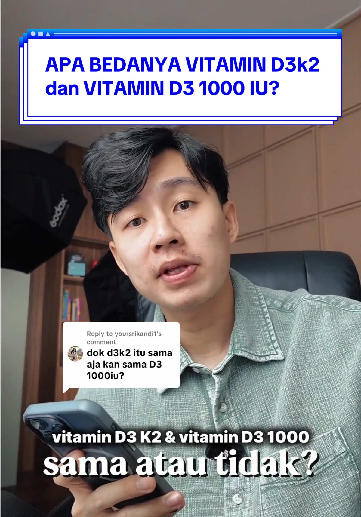 Replying to @yoursrikandi1 Vitamin D3 vs Vitamin D3K2, apa bedanya? 🤔☀️” Vitamin D3 bantu serap kalsium ke dalam darah, penting untuk tulang, imun, dan hormon tubuh. Tapi… kalau kalsium cuma numpuk di pembuluh darah, bisa bahaya! 😬 👉 Nah, di sinilah peran Vitamin K2 — dia bantu arahkan kalsium ke tulang & gigi, bukan ke pembuluh darah. 💡 Jadi kalau kamu konsumsi Vitamin D3 dosis tinggi (di atas 1000 IU per hari), lebih ideal pilih kombinasi D3K2 untuk manfaat maksimal dan mencegah efek samping jangka panjang. 📌 Cocok buat yang: 	•	Sering di dalam ruangan 	•	Ingin jaga tulang & imun 	•	Konsumsi suplemen kalsium 	•	Mau tinggi badan optimal 🦴✨ Kamu udah coba yang mana? D3 atau D3K2? #v#vitaminD3v#vitaminD3K2s#suplemenhariank#kesehatantulangi#imunkuatf#fypindonesiat#tiktokdokterv#vitaminterbaikd#dokterjelasint#tulangkuattinggibadan