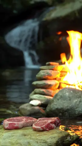 Cooking Ribeye IN a River 🔥 ASMR Steak & Fondue in Nature | Unreal Fire Pit Setup #asmrcooking #naturecooking #outdoorcooking @Nick Kexagias the butcher 