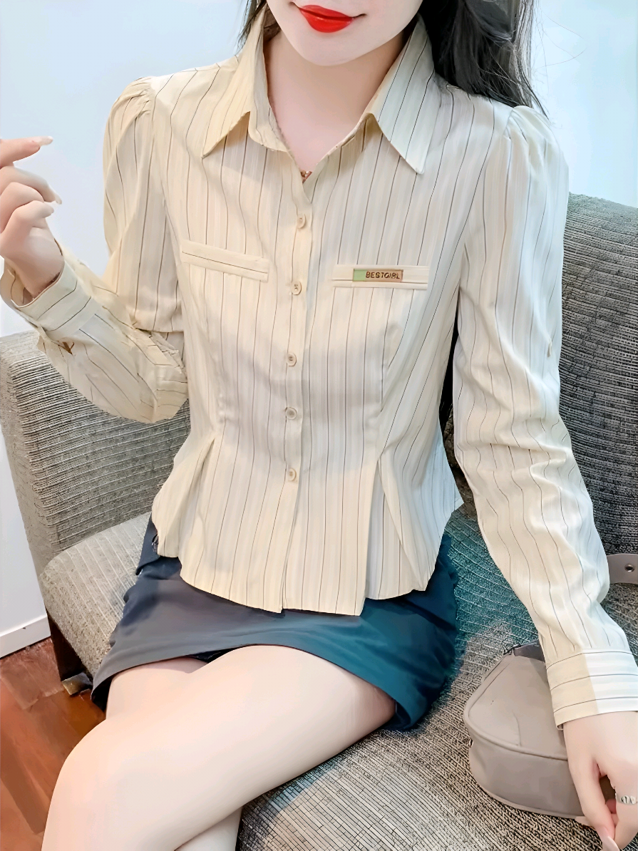 【ready stock】 FADFAD Atasan wanita lengan panjang kerah polo Kemeja Bergaris Pendek #fadfad #atasankemejapolo #kemejawanitaimport #bajuwanita2025 #atasanwanita #atasankekinian 