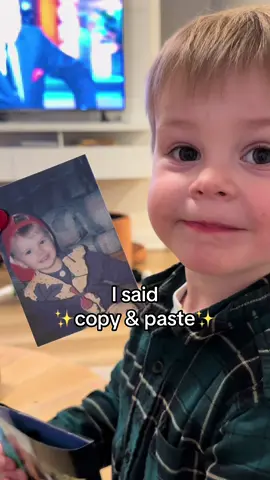 I can’t convince him that mommy’s baby pictures aren’t pictures of him 😭 #babyboy #boymom #funnyvideo #babytok 