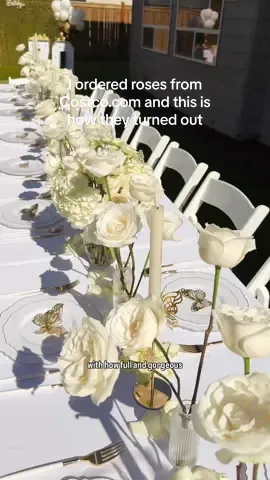 100 roses from Costco for $85! I was skeptical at first since they arrived small and frail, but after a couple of days, they bloomed beautifully! Have you tried ordering bulk flowers from Costco.com before? White and gold party decor linked on my Amazon page! #whiteroses #budvases #costcofinds 