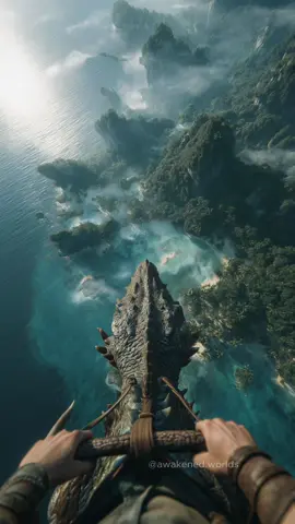 Dragon rider flies above beautiful tropical, ancient, and long-forgotten landscapes. #pov #dragon #medievaltiktok #fantasy #magic 