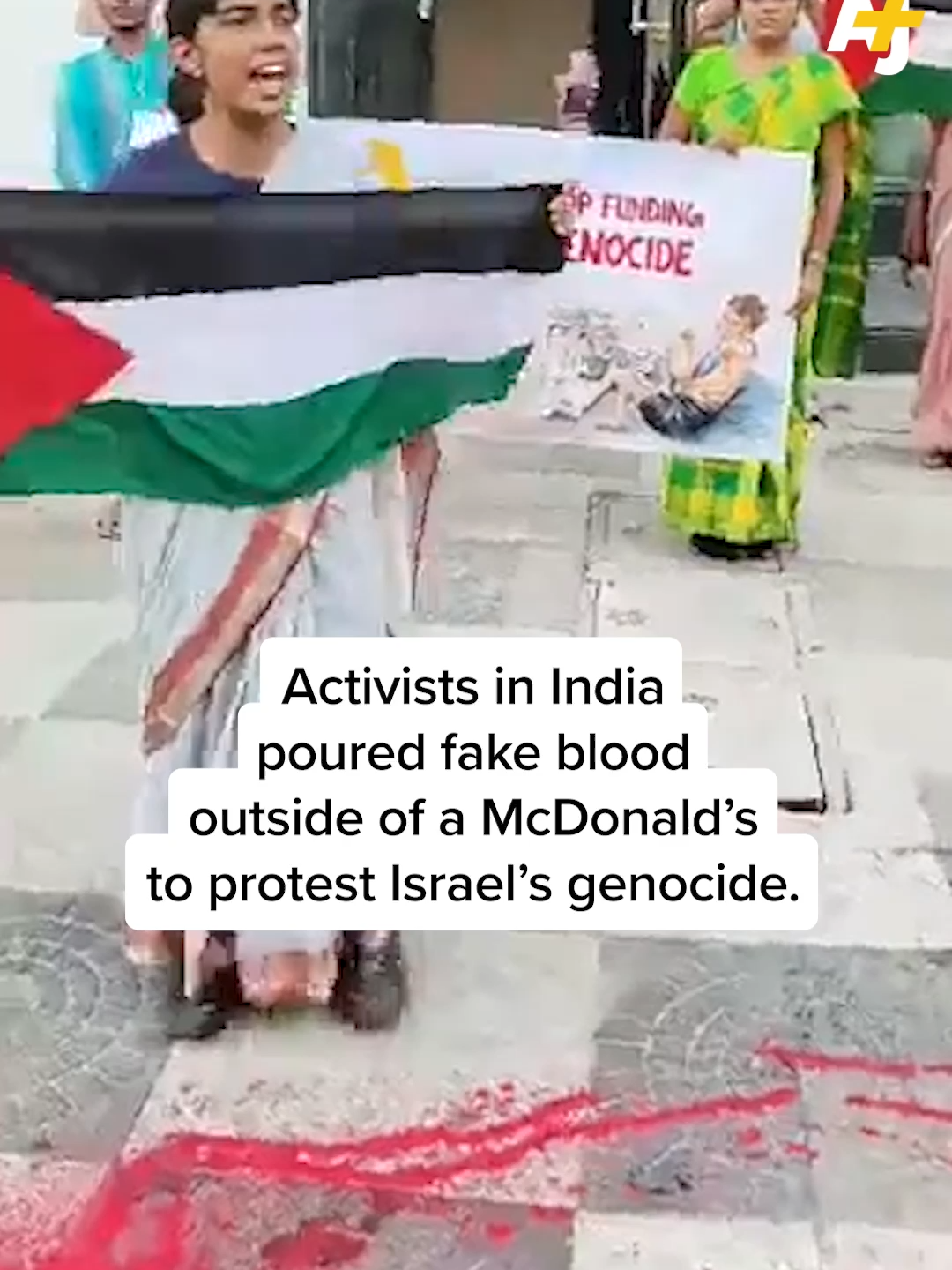 Activists in India spilled fake blood outside a McDonald’s and called for a boycott of companies accused of associating with Israel during its war on Gaza. #Palestine #Palestinian #Israel #IsraelWarOnGaza #Israeli #Gaza #GazaWar #India #IndiansWithPalestine #NewDelhi #McDonalds #Protest #Boycott