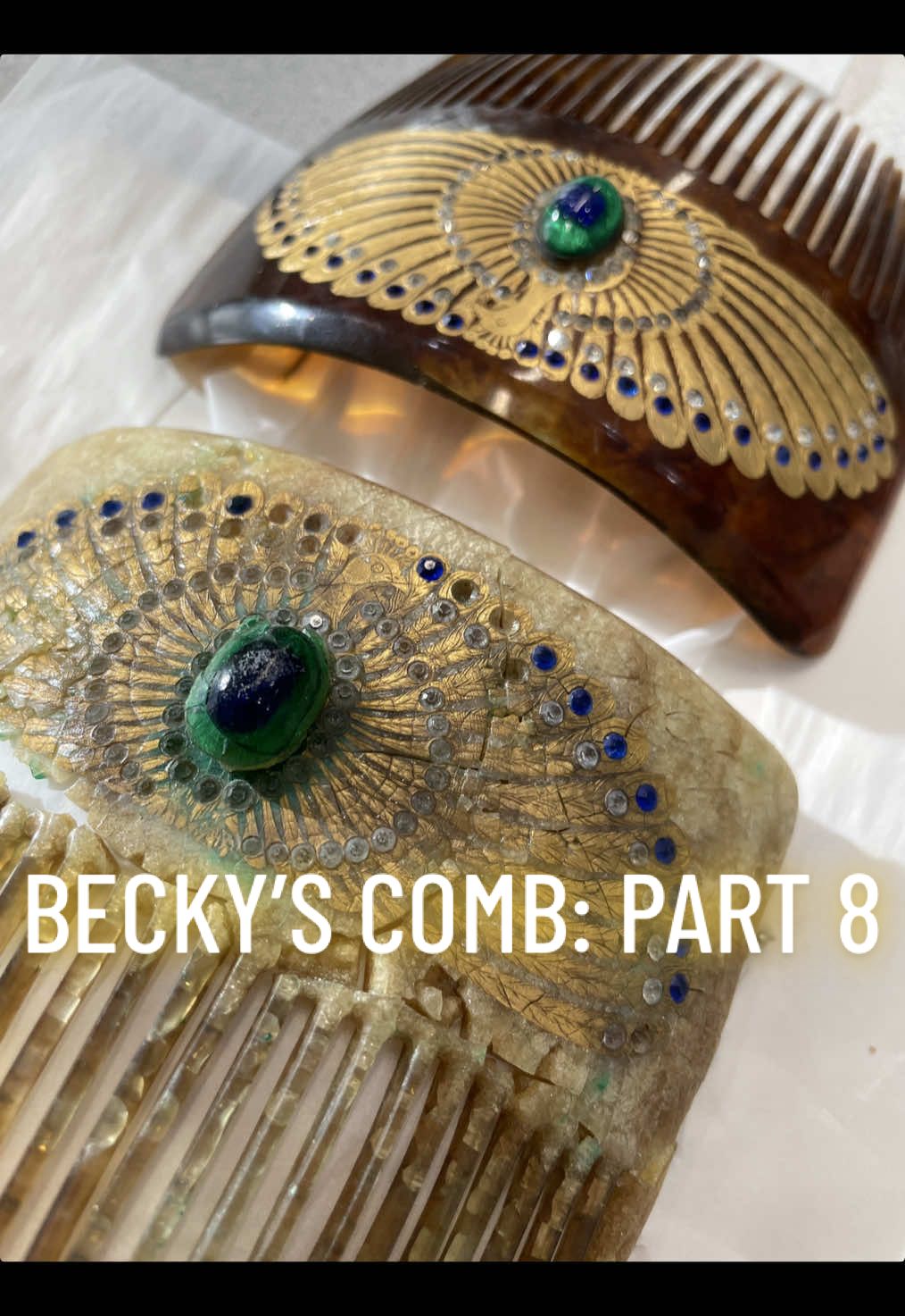 This was probably the most nerve wracking part of the comb project so far, and I’m so glad it’s behind me! Check out the first bonus part (part 7) to see the new reference comb and the beginning of this process.   #artconservation #conservation #artrestoration #restoration #antique #comb #haircomb #accessory #hairaccessory #peacock #gilding #gilded #18kgold #plastic #oldplastic #tortoiseshell #costume #history #historicaldress #frame #repair #grandma #puzzle
