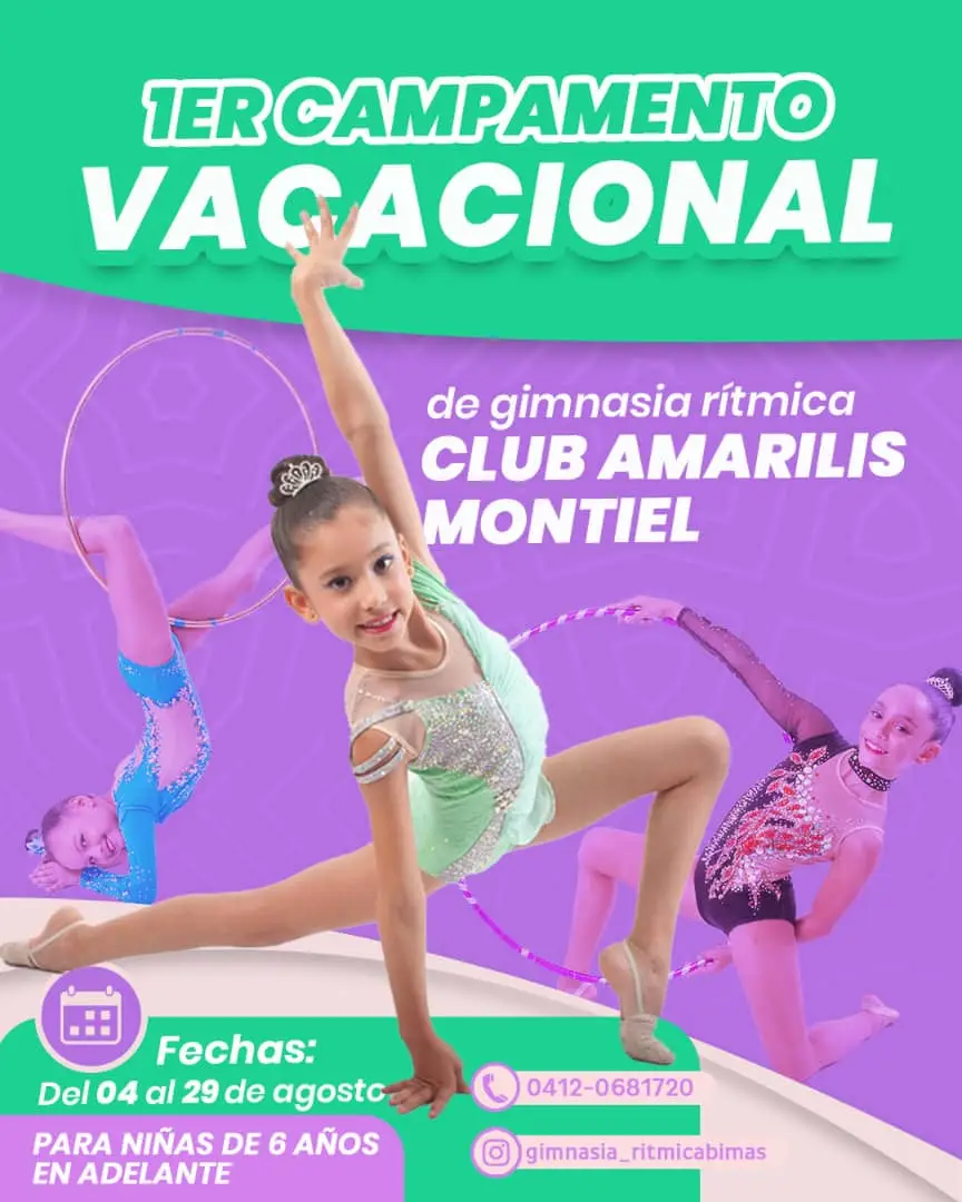 ¡Qué fantástico que hayas pensado en nuestro campamento! Gracias por tu interés en inscribir a tu niña en el *1er Campamento de Vacaciones de Gimnasia Rítmica*, un espacio diseñado para que descubra y potencie sus habilidades físicas y sociales mientras se divierte. Por solo tu inscripción incluye todo lo que necesita para empezar: ✓ Franela oficial del campamento ✓ Zapatillas adecuadas para gimnasia ✓ Implementos que usaremos en las clases Las actividades se llevarán a cabo los días lunes, miércoles y viernes. Fechas del campamento: del 04 al 29 de agosto. ¡Esta es una oportunidad que no querrá perderse! #plan #vacaciones #campamento #verano #2025 #niñastiktok #espacio #punteras #music #gimnasia #diversion #niñabailando #niñas 
