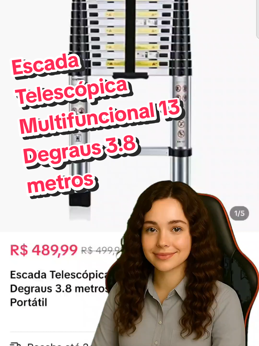 Escada Telescópica Multifuncional 13 Degraus 3.8 metros 150Kg Antiderrapante Portátil