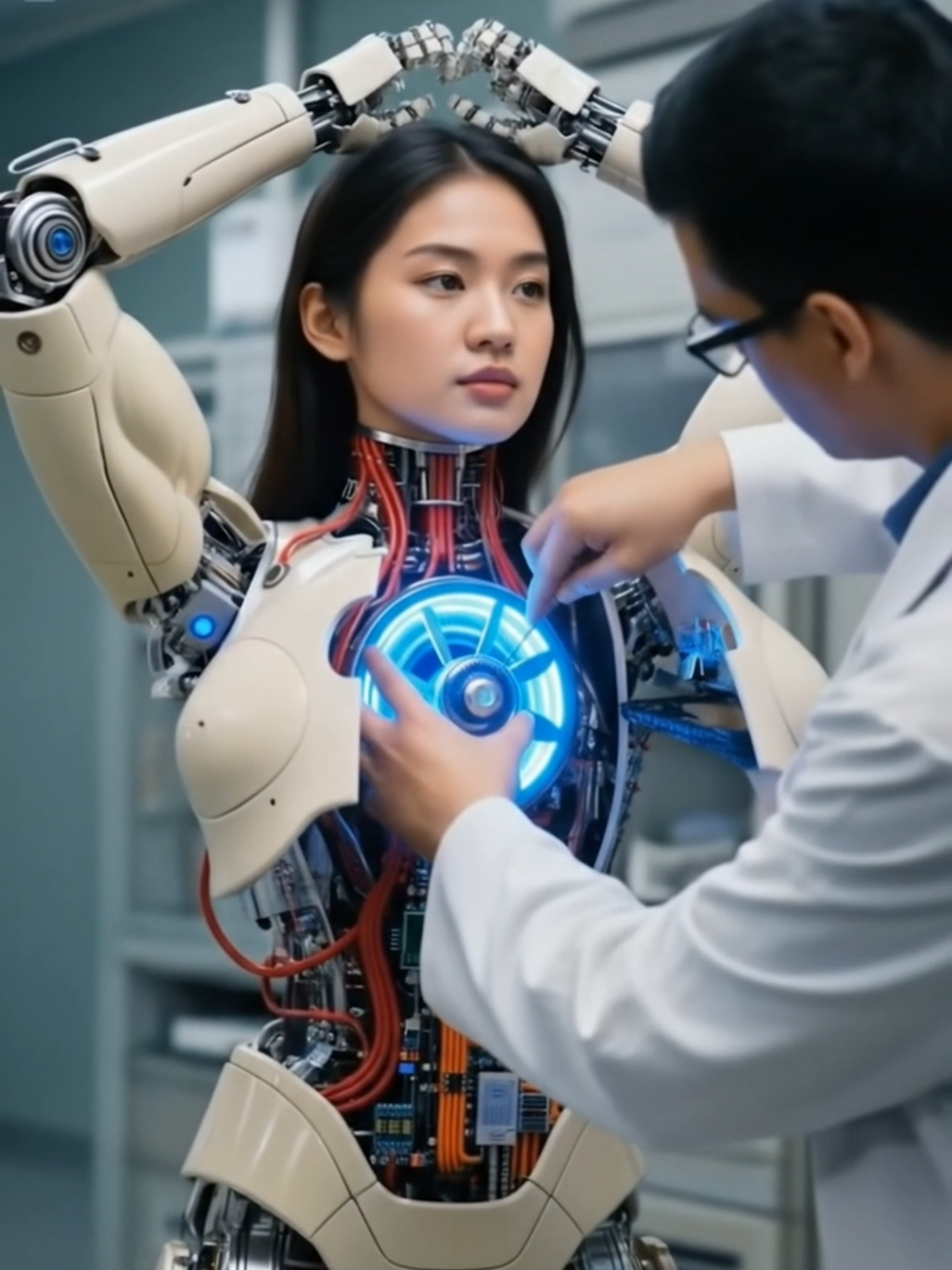 The technician repairs the robot's internal machinery #robot #humanoid #stablediffusion #ai 