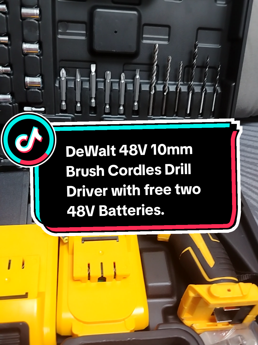 DeWalt 48V 10mm Brush Cordless Drill Driver with free two 48V Batteries. #fyp #foryou #trending #viral #dewaltcordlessdrillset 