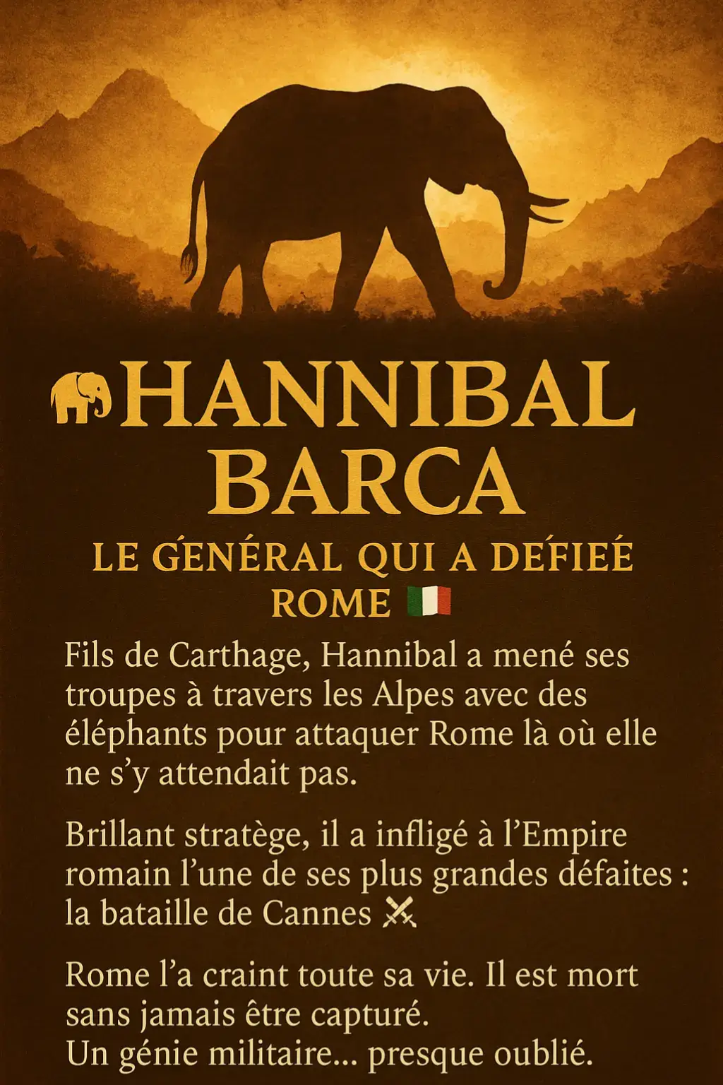 il a traversé les Alpes avec des éléphants pour défier Rome 🐘🔥 Un génie militaire oublié par l’Histoire… jusqu’à aujourd’hui #HannibalBarca #HistoireAntique #MémoireDuPassé #Carthage #StratégieMilitaire 