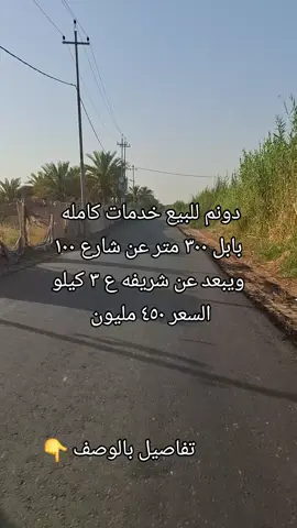 ٢٥٠٠ متر (دونم) للبيع واجهيه ٢٠ متر منطقه الطينيه تبعد عن شارع ١٠٠ تقريبا ٣٠٠ متر وتبعد عن شريفه عليها السلام ٣ كيلو  خدمات كامله مي سقي نهر ومي اساله كهرباء تبليط جديد منطقه لها مستقبل جدا راقي ومخدومه ، طابو زراعي سند ٢٥ تحويل مباشر منطقه راقيه جدا  للاستفسار الاتصال 07769940380 #عقارات #بابل #بابل_الجمعيه_شباب_بنات_الحله #شريفه_بنت_الحسن
