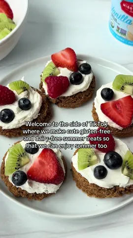 These mini fruit pizzas are so cute!! If you love fruit and frosting these are seriously the best combination 🍓🥝 They have the perfect sugar cookie base (that you can make with or without eggs). Plus, they’re gluten-free, dairy-free and the perfect treat to bring to any summer party you have coming up. They’re also so fun to decorate and now I want to have my friends over for a cookie decorating party 🤭🫶🏻 Ingredients 2 1/4 cups flour gluten free if needed 1 tsp baking powder 1 tsp baking soda 1 cup sugar coconut sugar if desired dash salt 1/4 cup coconut oil melted 1/4 cup olive oil 1/4 cup applesauce 1 tsp vanilla extract 1 egg 1 package vanilla frosting 1-2 kiwis ½ cup raspberries ½ cup strawberries ½ cup blueberries Instructions Gather your ingredients and preheat oven to 350°F. Add dry ingredients into a bowl. Stir in wet ingredients. Refrigerate dough for 15-20 minutes. Scoop 1 1/2-2 inch cookie dough balls onto greased baking sheet lined with parchment paper. Gently flatten with a spoon before baking in the oven for 15-17 minutes, or until edges are golden brown. Slice fruit. Let cookies cool completely before frosting. Gently spread frosting onto cookies and add fruit on top. Enjoy! #fruitpizza #cookiesofinsta #glutenfreerecipes #glutenfreedessert #dairyfreelife #dairyfreedessert