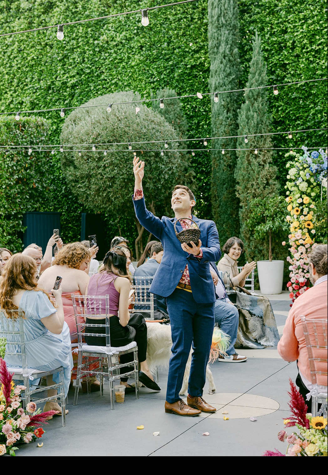 The way Bamba had to stop and greet all her best friends as she walked down the aisle with my fav flower boy, my brother-in-law Brian. 🌺 🐶  #weddingtiktok #weddingday #flowerboy #goldenretriever #englishcreamgoldenretriever #wlw #lgbtqtiktok 