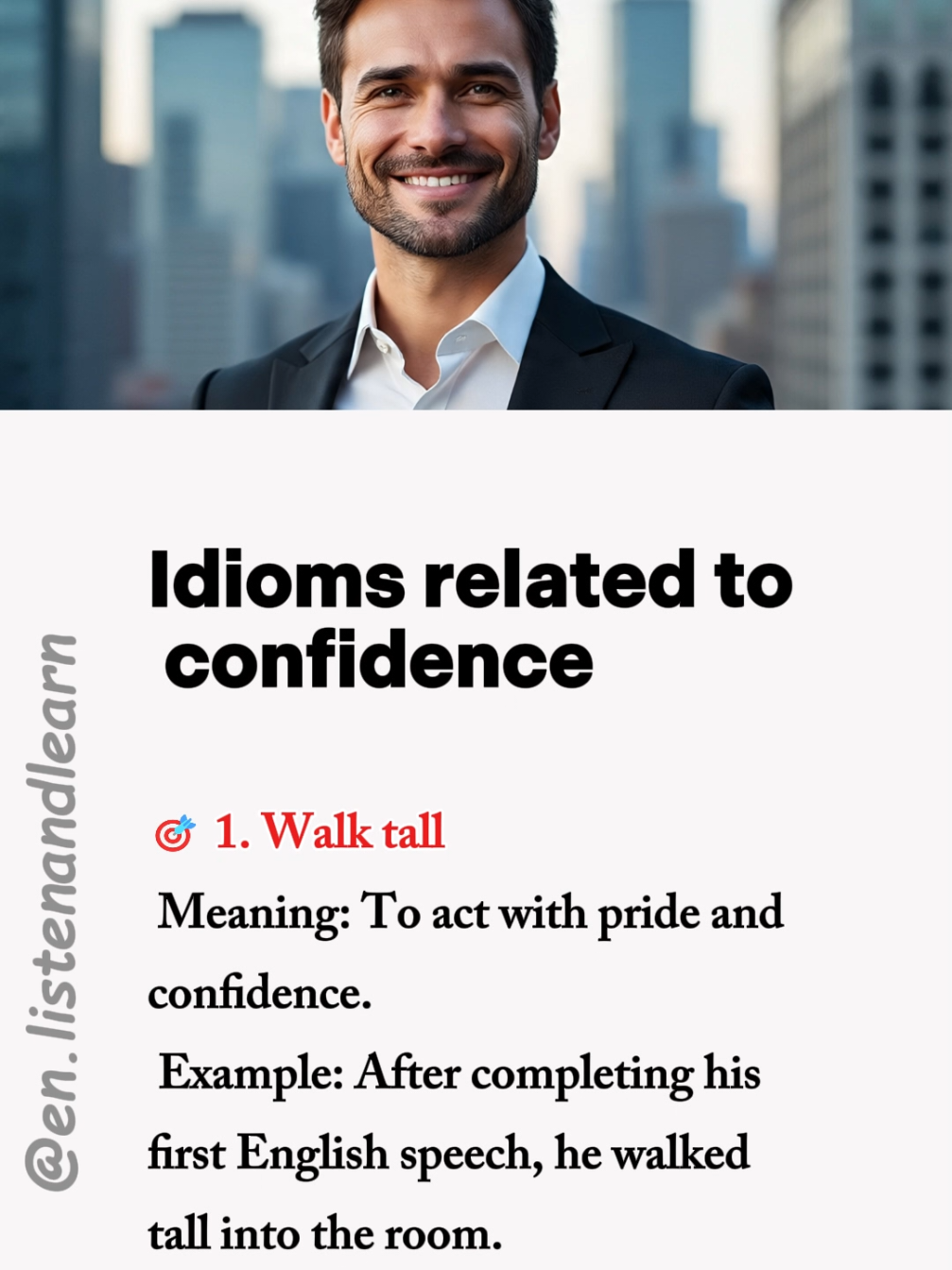 Idioms related to confidence  Improve your English skills by listening 🎧 and speaking 🗣️ English practice  #englishlistening #englishpractice #reading #speakenglishfluently #idioms #idiomsandphrases #confidence #selfimprovementdaily #learnontikok 