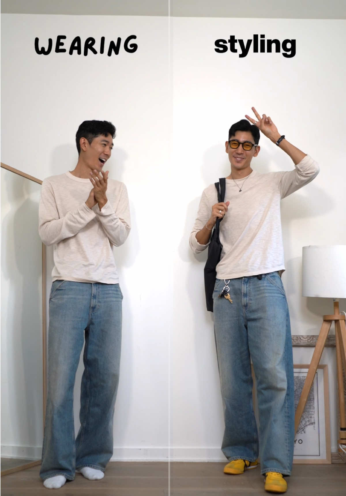 Wearing vs. Styling: Long Sleeve Shirt Styling Long sleeve shirts might be too hot for some parts of the world right now, but in LA where summer are cooler, they’re an underrated essential. They add a subtle workwear or rugged touch to an outfit, and with the sleeves rolled up, they pair perfectly with a simple watch and necklace.  You don’t need much to elevate this look. Just a bit of color, some accessories, and a good bag can turn a basic outfit into something exciting!  — #mensfashion #mensstyle #sidebyside #mensoutfit #lafashion #fashioninspo #wearingvsstyling #longsleeveshirt 