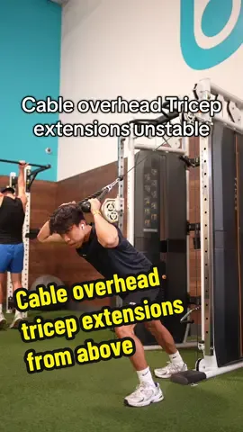 If you’re having trouble being balanced on cable overhead Tricep extensions, you can either use the cable tower to brace, or set the cables to hip height and perform the movement upright. #fyp #Fitness #gym #bodybuilding 