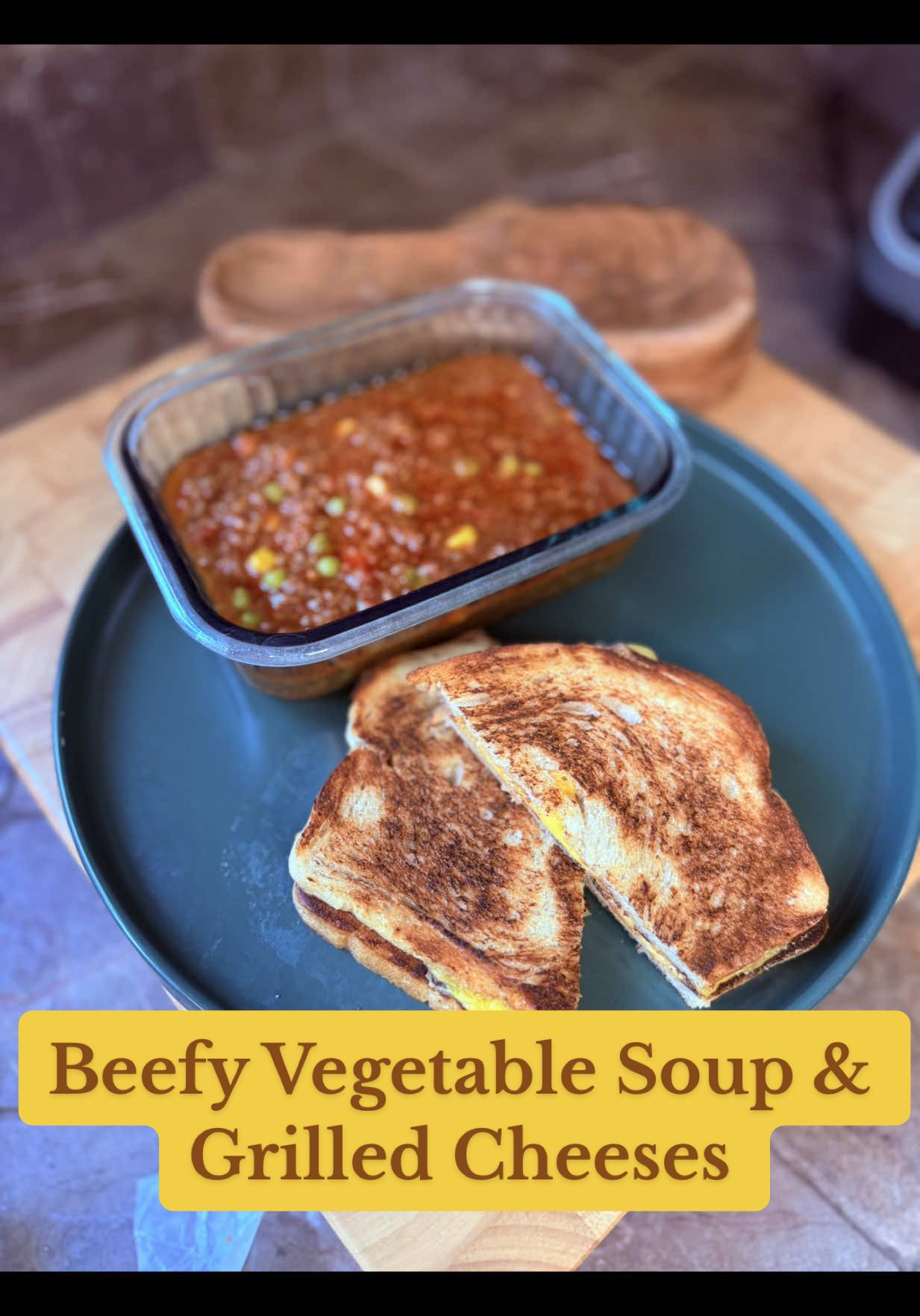 What was your favorite meal the lunch ladies at school would make? #DinnerIdeas #vegetablebeefsoup #grilledcheese #fyp                                 Beefy Vegetable Soup  4 pounds ground beef  1  red bell pepper  1 green bell pepper   1 large yellow onion 7 cloves of garlic  2 1/2 tablespoons garlic powder 2 1/2 tablespoons onion powder 3/4 tablespoon Celery salt  1 teaspoon pepper 1 tablespoon salt 28 ounce can crushed tomatoes 3 tablespoons Worcestershire sauce 8 1/2 cups warm water 2 Bay leaves  3 cups Frozen mixed vegetables  