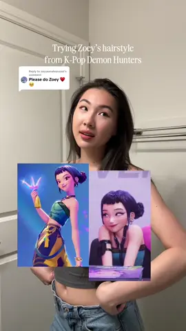 Replying to @zayyaanahrassool finally tried Zoey’s hairstyle from K-Pop Demon Hunters! 🖤It’s my first time doing these types of buns so it was so much harder than I thought omg 😭 also I got clip-in bangs just for this so lemme know if I should keep them or not 🙈 Products used: @Color Wow Hair pop+lock serum 