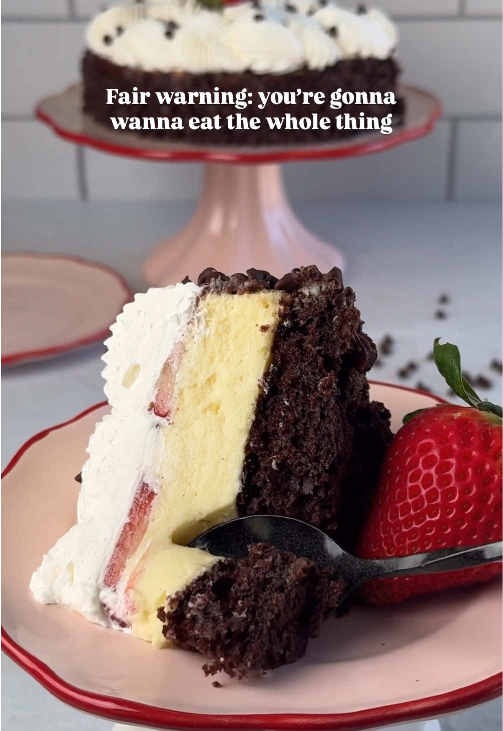 Chocolate cake. Vanilla bean cheesecake. Ganache. Chips. Whipped cream. Strawberries. If that’s not self-care, I don’t know what is 🍓🍫✨ Cheesecake:  16oz of softened full fat cream cheese 1 cup of granulated sugar 3 large eggs  1 tablespoon vanilla bean gel 1 tablespoon of all purpose flour 1/4 cup full fat sour cream (I like to let my cream cheese and eggs sit out for at least four hours on the counter, so they are very room temperature)  Chocolate cake:  1 box of Betty Crocker triple chocolate cake mix(or your favorite chocolate mix) 3 eggs 1 cup hot coffee 1/2 cup oil Chocolate ganache: 1/2 cup of hot heavy cream 1 cup of milk chocolate chips Whipped cream: 1 cup of pastry pride 1tsp vanilla extract  1/4 cup powdered sugar Strawberries: 3-5 strawberries sliced Garnish: 3 to 5 strawberries for garnish 1 cup of mini chocolate chips  Supplies: 9 or 10 in cake pan 8” cake pans Parchment paper  Metal cooling rack  Large cookie sheet Plastic wrap  Notes:  Bake cheesecake in water bath at 325F for 40mins (or until it is set in the center DONT OVERBAKE) Bake 8” cake at 350F ( you will have extra batter since you only need one layer of cake, I always bake an extra layer and freeze it for the next time I wanna make this cake.)  Whip the pastry pride for 5-7 mins or until you have a stiff peak.  #chocolate #cheesecake #baking #bake #strawberry #Recipe #EasyRecipe #EasyRecipes #cheesecake #fyp 