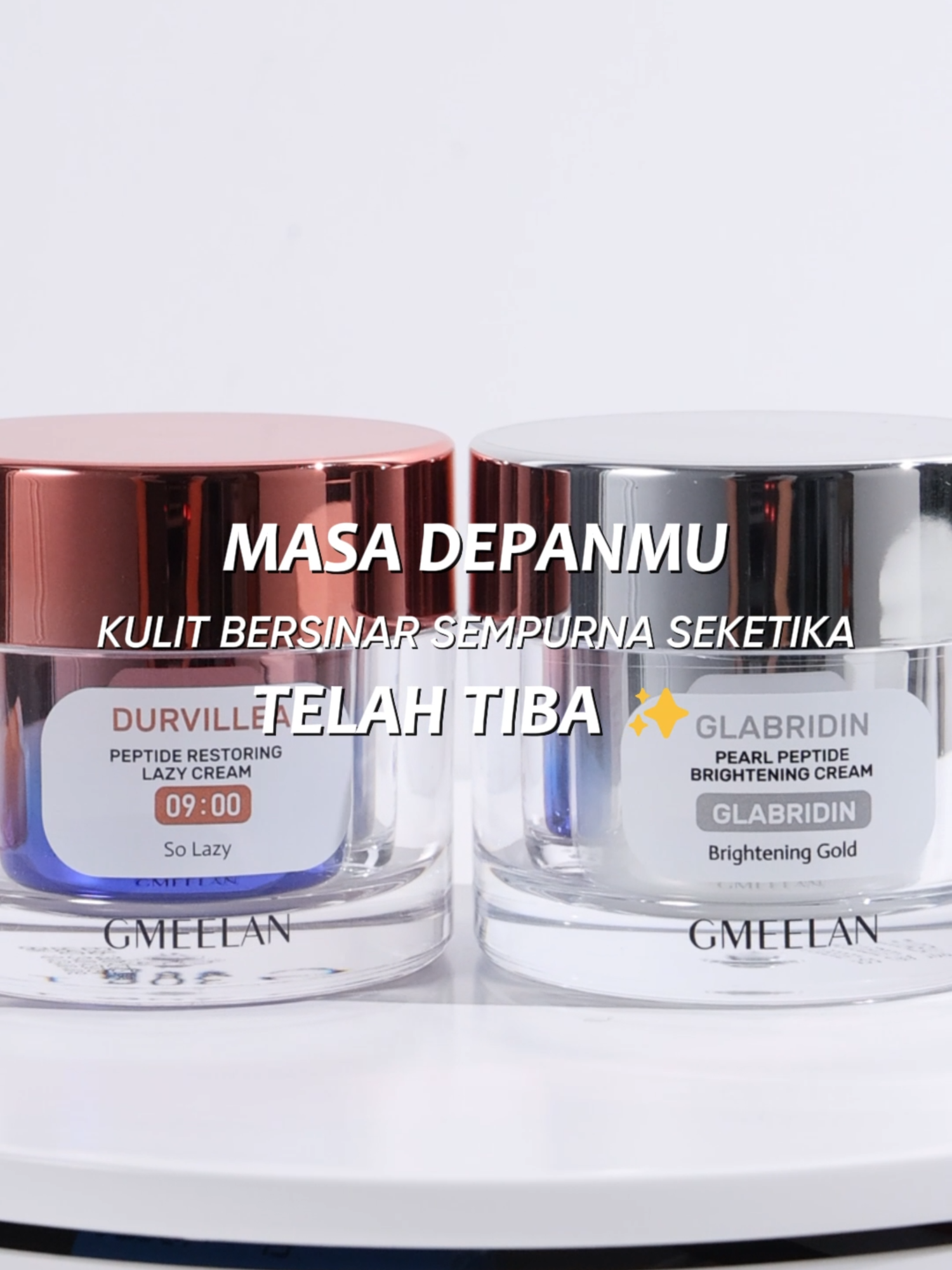 🌞 Malas makeup? Pakai D saja! ✨ Pagi pakai DURVILLEA Lazy Cream untuk efek cerah alami, malam pakai GMEELAN Brightening Cream untuk perawatan kulit. Satu set, kulit glowing seharian! #GMEELAN #GMEELANid #skincare #moisturizer #brightening #lazycream