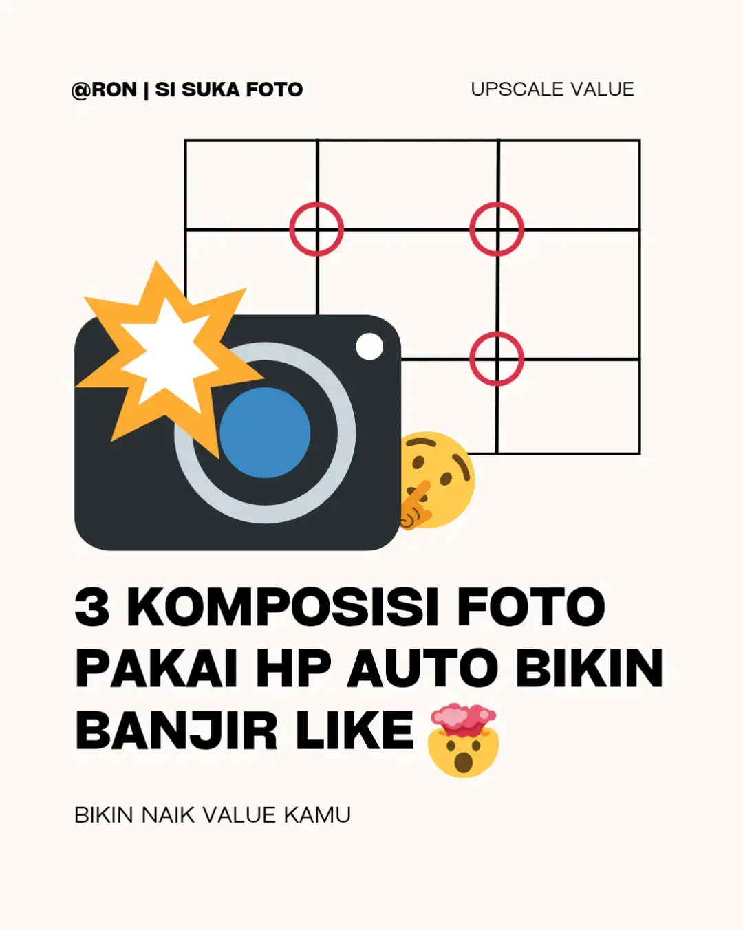Dulu aku kira kalau mau foto dapet banyak like harus pakai gear mahal... Ternyata... rahasianya ada di cara kamu ngatur komposisi 📐 Waktu mulai pakai Rule of Third, hasil foto jadi lebih seimbang. Pas belajar Leading Lines, semua mata langsung fokus ke objek. Dan pas kenal Negative Space, wah… feed jadi clean & keren banget! 📌 Semua ini bisa kamu terapin cuma pakai HP! Nggak perlu kamera DSLR buat bikin orang berhenti scroll. 💬 Komen “MAU BANGET!” buat kamu yang langsung praktek dilapangan!