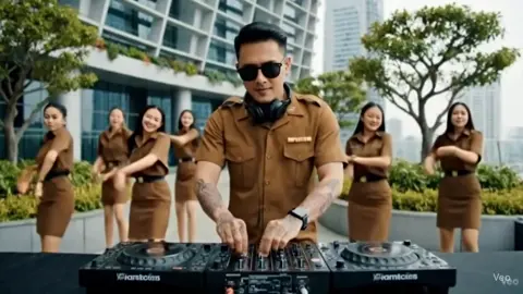 ikut yang lagi trend n.viral.DJ  Duit duit😎😁seragam PNS. #geminiveo  #masukbranda  yang mau prompt Monggo: Prompt:seorang pemuda Indonesia umur 25 tahun kulit putih memakai baju PNS,kedua tangan ber tato ikan koi Yakuza,memakai smartwatch dan headphone di kalungkan di leher,memakai kacamata hitam,sedang memainkan alat musik DJ lengkap dengan meja untuk DJ,di belakang pria ada 5 orang wanita memakai baju seragam PNS,sedang nge dance mengikuti alur musik DJ,lokasi di atas gedung pencakar langit,di buat sangat detail jelas dan realistis menyatu dengan alam kamera DSLR ultra hd ukuran 3:4.