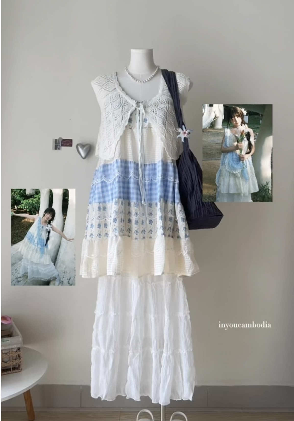 🎐 𐙚˙⋆𓇼🐚  outfit inspo🪡✩ IG:inyoucambodia, available in stock #outfitideas #japanootd #morigirl #morikei #dressoverskirt #vintageoutfit #softgirl #bluedress #outfitinspo #fitcheck #vintagestyle #fyp #fypシ #fypシ゚viral 