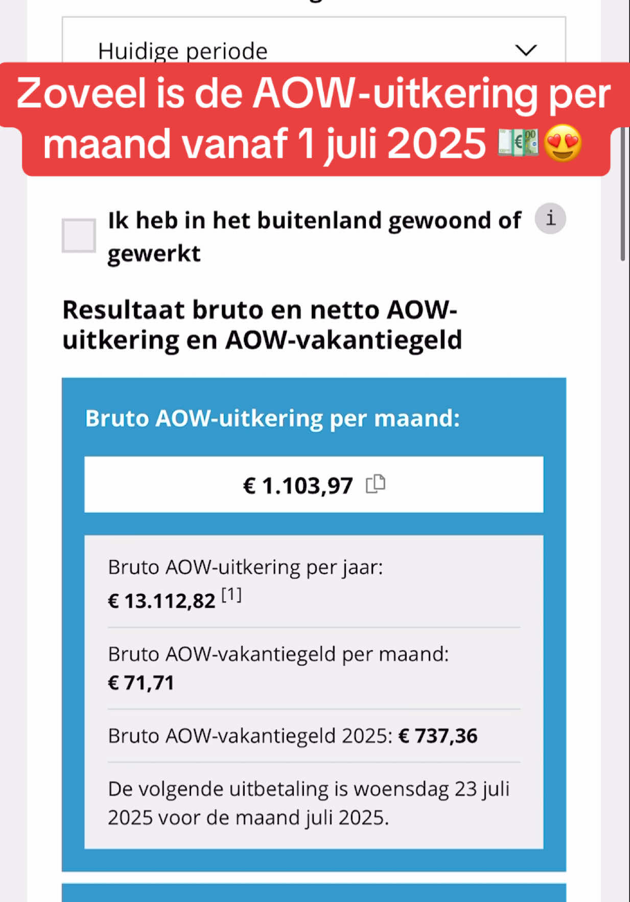 Zoveel is de AOW-uitkering per maand vanaf 1 juli 2025 voor samenwonende en alleenstaande 💶😍 Bereken de bruto en netto AOW-uitkering voor jouw situatie op RekenBuddy 💶 #RekenBuddy #aow #aowuitkering #pensioen #geldzaken #belasting #nederland #nederland🇳🇱 #uitkering #ouderen #pensioenleeftijd #ouderenzorg 