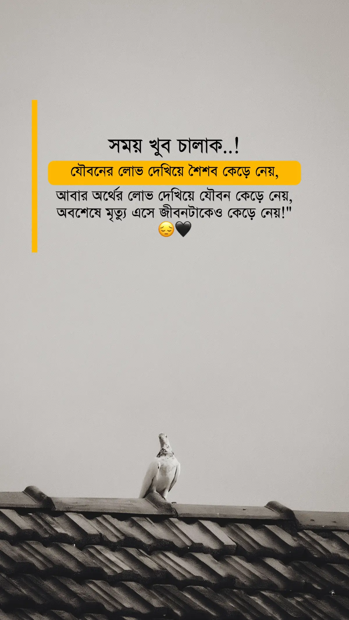 সময় খুব চালাক, যৌবনের লোভ দেখিয়ে শৈশব কেড়ে নেয়, আবার অর্থের লোভ দেখিয়ে যৌবন কেড়ে নেয়, অবশেষে মৃত্যু এসে জীবনটাকেও কেড়ে নেয়!