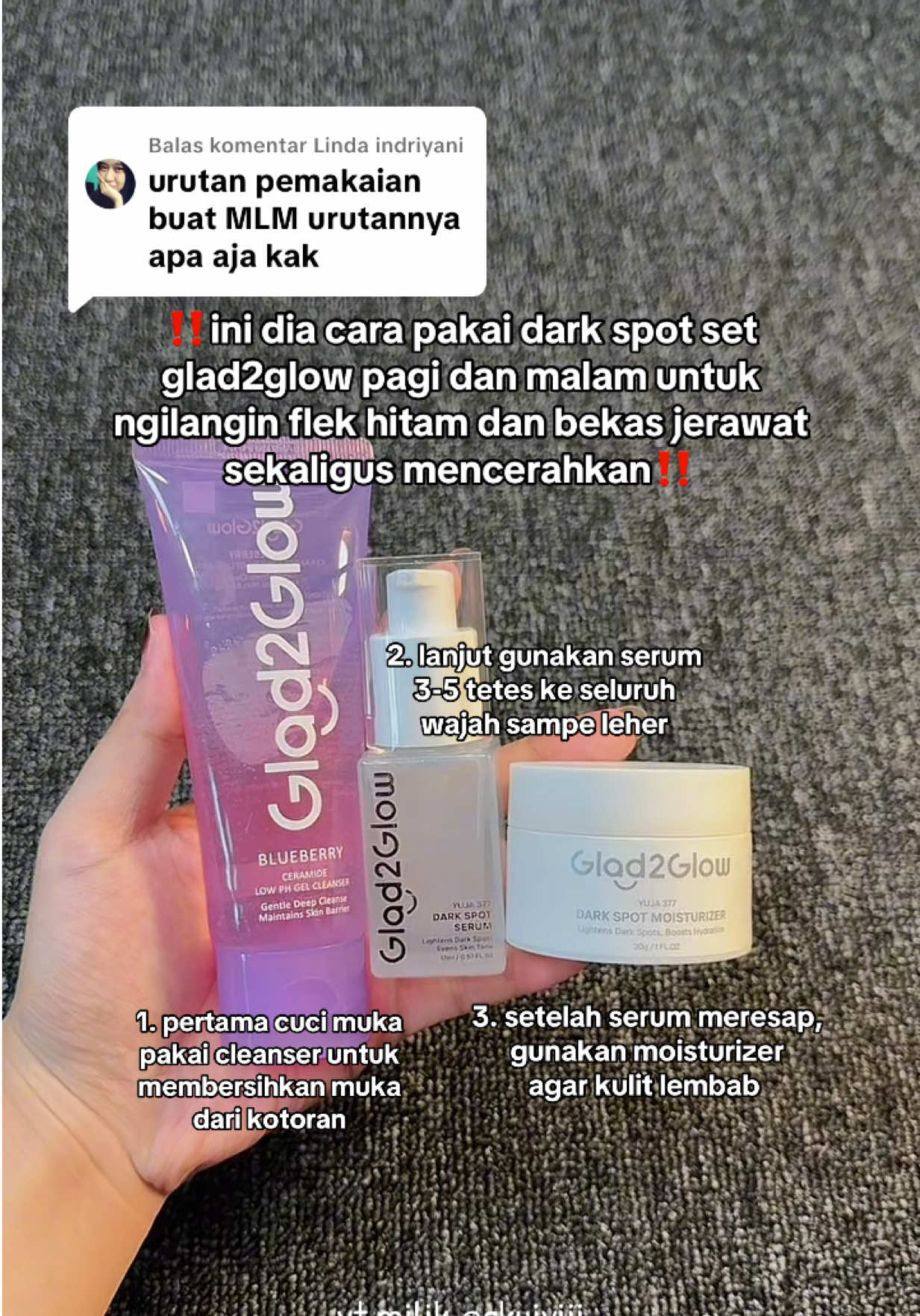 Membalas @Linda indriyani begini cara pakenya ya kakak🥰✅ #glad2glow #glad2glowmoisturizer #moisturizer #serum #darkspot #skincare 