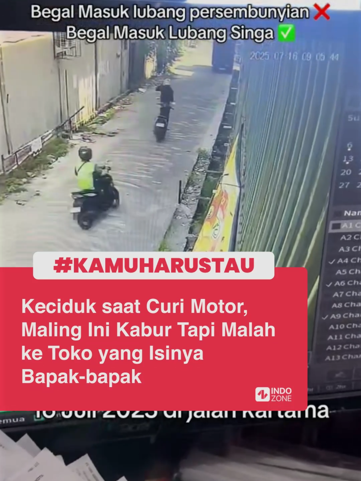Sebuah video memperlihatkan momen pelaku pencurian terciduk oleh warga saat beraksi. Dan apesnya, malah kabur ke lokasi yang isinya bapak-bapak. Terlihat, pria itu lari kocar-kacir menghindari amukan warga usai tertangkap basah. Motor curian ia tinggal, sementara dirinya masuk ke sebuah toko, berniat sembunyi. Namun usahanya sia-sia, malah menyerahkan diri ke lokasi yang isinya para pekerja yang langsung siap memberikan efek jera. Spontan, tubuhnya dibuat tak berdaya begitu mendapatkan salam olahraga. Video: TikTok/ojhanismee [Baca berita dan informasi menarik lainnya hanya di www.indozone.id]