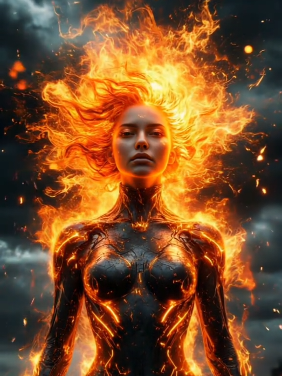 The fire awakened! Now she is the goddess of flame, ready to claim her own. Feel this power! Fire and strength in every frame. #lladywolf #infernogoddess #darkfantasyvibes #firequeen  #aiartfantasy #ElementalPower #FantasyAesthetic  #BornOfFlame #cyber 