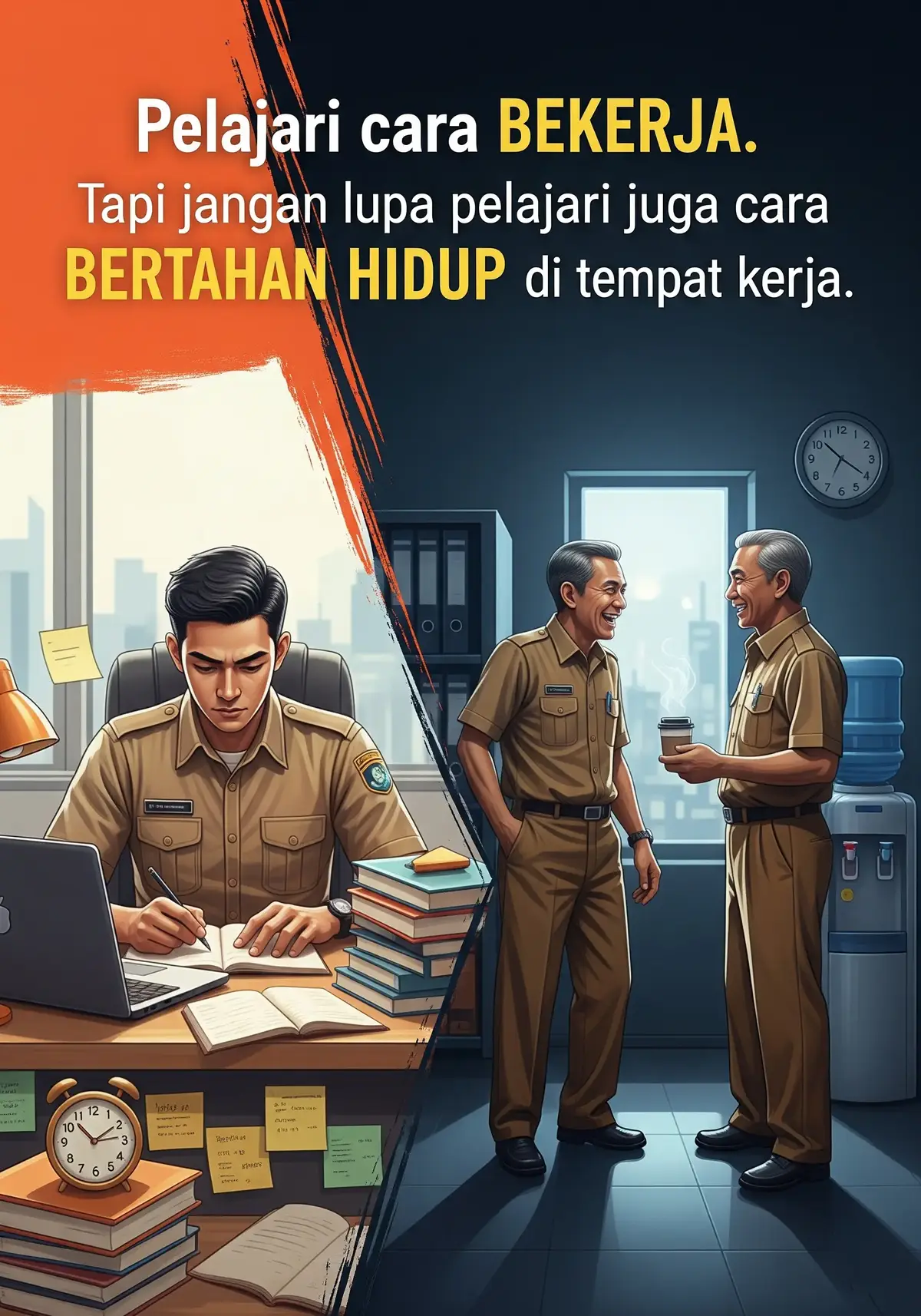 Kita dibesarkan dengan nasihat: kerja keras, tekun, jujur, dan hasil akan mengikuti. Tapi ternyata… dunia kerja tidak sesederhana itu. Di banyak tempat, kamu bisa rajin datang paling pagi, pulang paling malam — tapi yang naik jabatan justru mereka yang tahu ke mana harus membungkuk dan kapan harus diam. Kamu bisa memberi ide segar, solusi terbaik, tapi kalau kamu tidak tahu cara 'bermain peran', bisa-bisa kamu dianggap mengancam. Dan perlahan, kamu akan mulai disingkirkan — bukan karena kamu tidak mampu, tapi karena kamu terlalu nyata di dunia yang penuh topeng. Ini bukan ajakan untuk munafik. Tapi ini pengingat: jangan cuma jago kerja, tapi juga peka membaca medan. Kadang, bertahan di tempat kerja bukan soal skill, tapi soal strategi. 🧠 Pelajari siapa yang bisa diajak diskusi. 👀 Pelajari siapa yang cuma senyum di depan, tapi menusuk di belakang. 🛡️ Dan pelajari cara menjaga diri tanpa harus kehilangan jati diri. Karena kariermu bukan cuma soal kerja, tapi juga soal bertahan di ekosistem yang seringkali absurd. 💬 Pernah merasa kerja bagus tapi tetap tak dihargai? Mungkin bukan kamu yang salah — mungkin kamu cuma belum pelajari cara bertahan hidup di tempat kerja. 👇 Ceritakan di komentar. Disclaimer : Konten ini hanya satir, bukan untuk menyerang atau menyinggung pribadi. Semua tokoh dalam gambar hanya fiktif dan inspirasi dari realita umum. #SatirKantor #SindiranHalus #BeraniBersinar #RealitaKerja #BelajarBertahan #BertahanDanBekerja #TerangYangMengganggu #FYPIndonesia #KritikSosial #RelateBanget #fypシ #fyp 