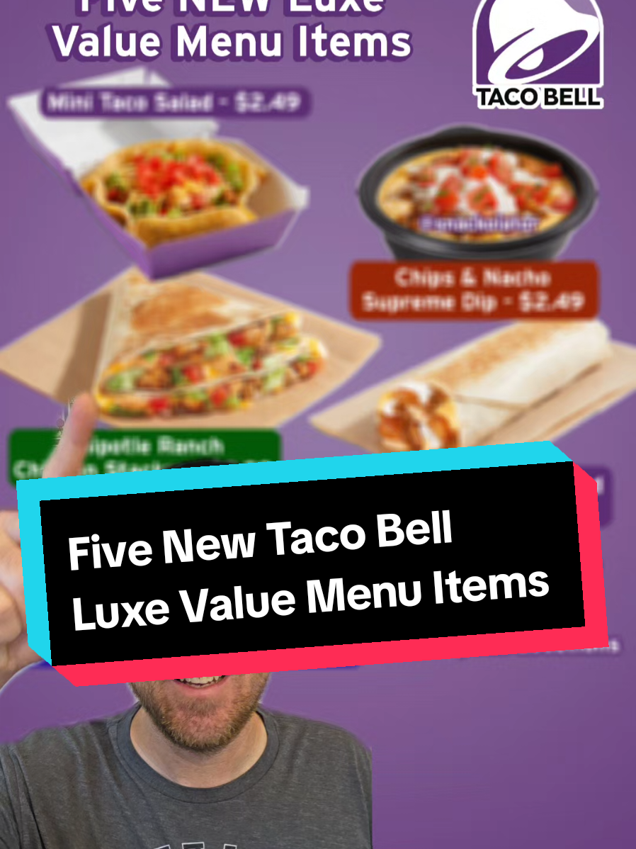Taco Bell is on another level when it comes to new menu items and they just announced FIVE new Luxe value items! The downside is that this menu is being tested in the Indianapolis market, but that they're looking to move these items to a nationwide release. Check these out from @tacobell: Mini Taco Salad – A new take on a classic, featuring seasoned beef, Chipotle Sauce, cheddar cheese, lettuce, tomatoes, and refried beans in a crispy, golden tortilla bowl. Chipotle Ranch Chicken Stacker – Grilled all-white-meat chicken, double sauces (Avocado Ranch Sauce + creamy Chipotle Sauce), three-cheese blend, lettuce, and tomatoes all folded into Taco Bell’s signature Stacker format. Beefy Potato Loaded Griller – A grilled roll-up filled with seasoned beef, crispy potato bites, Nacho Cheese Sauce, Chipotle Sauce, and reduced-fat sour cream. Chips & Nacho Supreme Dip – Layers of seasoned beef, beans, Nacho Cheese Sauce, reduced-fat sour cream, pico de gallo, and a three-cheese blend — served with tortilla chips for scoopable satisfaction. Salted Caramel Churros – Crispy-on-the-outside, creamy-on-the-inside, churros dusted in salted caramel sugar for a street-food-inspired dessert moment. Which of these new items would you want to try? . . . . #tacobell #fastfood #tacosalad #churro #churros #tacos 