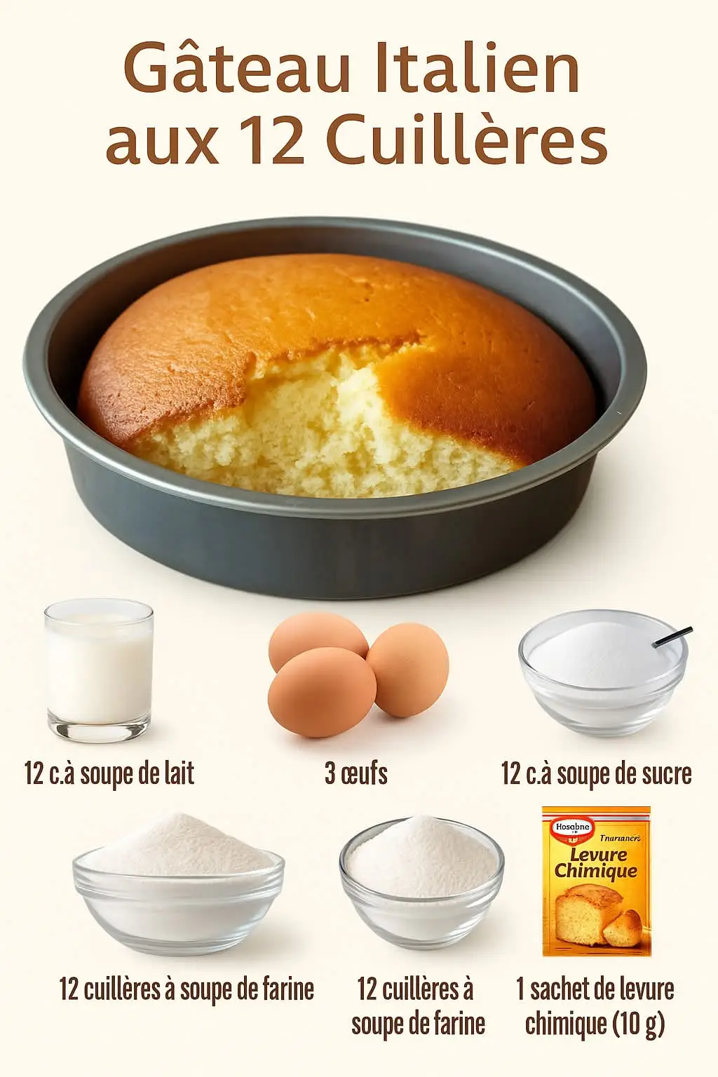 Gâteau Italien aux 12 Cuillères 🕒 Temps total : 40 min Préparation : 10 min Cuisson : 30 à 35 min Difficulté : Facile Portions : 6 à 8 parts 📝 Ingrédients : 12 c. à soupe de farine 12 c. à soupe de sucre 12 c. à soupe de lait 12 c. à soupe d’huile neutre (tournesol ou olive légère) 3 œufs 1 sachet de levure chimique (10 g) 1 c. à soupe d’extrait de vanille ou le zeste d’un citron non traité 👩‍🍳 Préparation : Préchauffage du four Préchauffez le four à 180°C (chaleur tournante si possible). Beurrez et farinez un moule rond de 22 cm de diamètre. Préparation de la base Dans un grand saladier, fouettez les œufs et le sucre jusqu’à ce que le mélange blanchisse et devienne mousseux. Ajout des liquides Incorporez le lait, l’huile, et l’extrait de vanille (ou zeste de citron). Mélangez bien. Ajout des ingrédients secs Tamisez la farine avec la levure chimique, puis incorporez-les progressivement à la préparation liquide. Mélangez jusqu’à obtention d’une pâte lisse et homogène. Cuisson Versez la pâte dans le moule préparé. Enfournez pour 30 à 35 minutes. Vérifiez la cuisson en plantant un couteau au centre : la lame doit ressortir sèche. Finition et service Laissez tiédir 10 minutes avant de démouler. Saupoudrez de sucre glace pour la déco, ou servez tel quel avec un thé ou un espresso.#viral #france #chef #recette #tiktok 