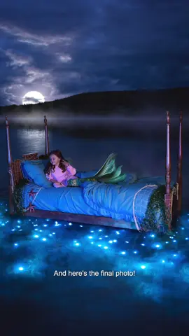 Our family made a bed float for a mermaid photo! #AdobePartner  For this photo, we wanted to create a dream-like moment using the magic of Adobe @Photoshop  Once I captured the photo, I took it into Adobe Photoshop, removed my husband, and then added some handmade magical touches like bioluminescent water, a glowing moon, and a realistic mermaid tail.  Right now you can try out Photoshop free for 7 days! #photoshop #photomagic #MomsofTikTok #behindthescenes #photoshoot #fyp