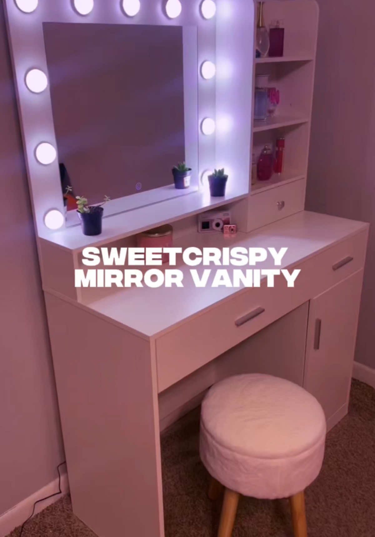 The best purchase I’ve ever made 😍 Now I have somewhere to put all my girly things ✨ @Sweetcrispy Official #sweetcrispyfurniture #vanitymirror #vanitysetup #makeupvanity #vanitytour #ledvanitymirror #dealsforyoudays #spotlightfinds #tiktokshop #foryou #fyp 