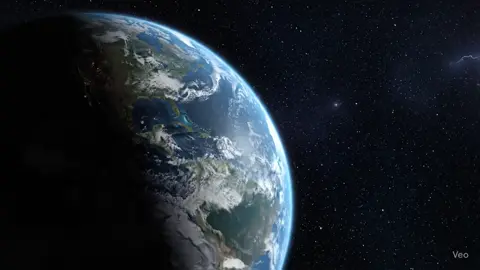 8-second ultra-realistic ASMR space video in 4K. Close-up of planet Earth slowly rotating in deep space, seen from low orbit. Capture soft, ambient space hums, gentle radio static, and subtle mechanical sounds from nearby spacecraft or satellites. The Earth glows with moving clouds, shimmering oceans, and tiny lightning flashes in the night side. No music, no voice — only quiet, atmospheric space sounds. Emphasize the peaceful vastness, gentle movement, and the calming beauty of watching Earth from the silence of space.